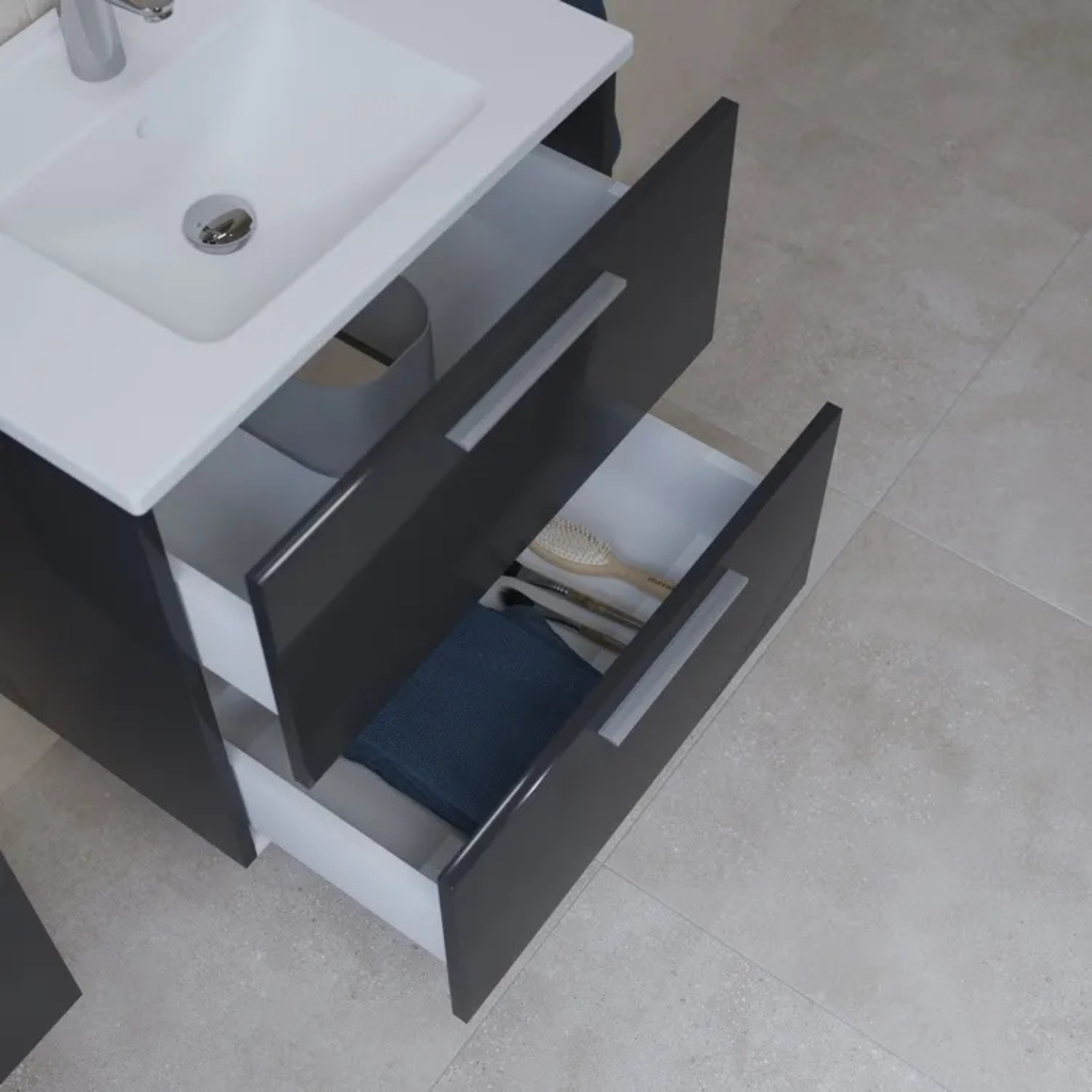 Mobile da bagno sospeso "Vitrax" in legno con 2 cassetti lavabo specchio e lampada