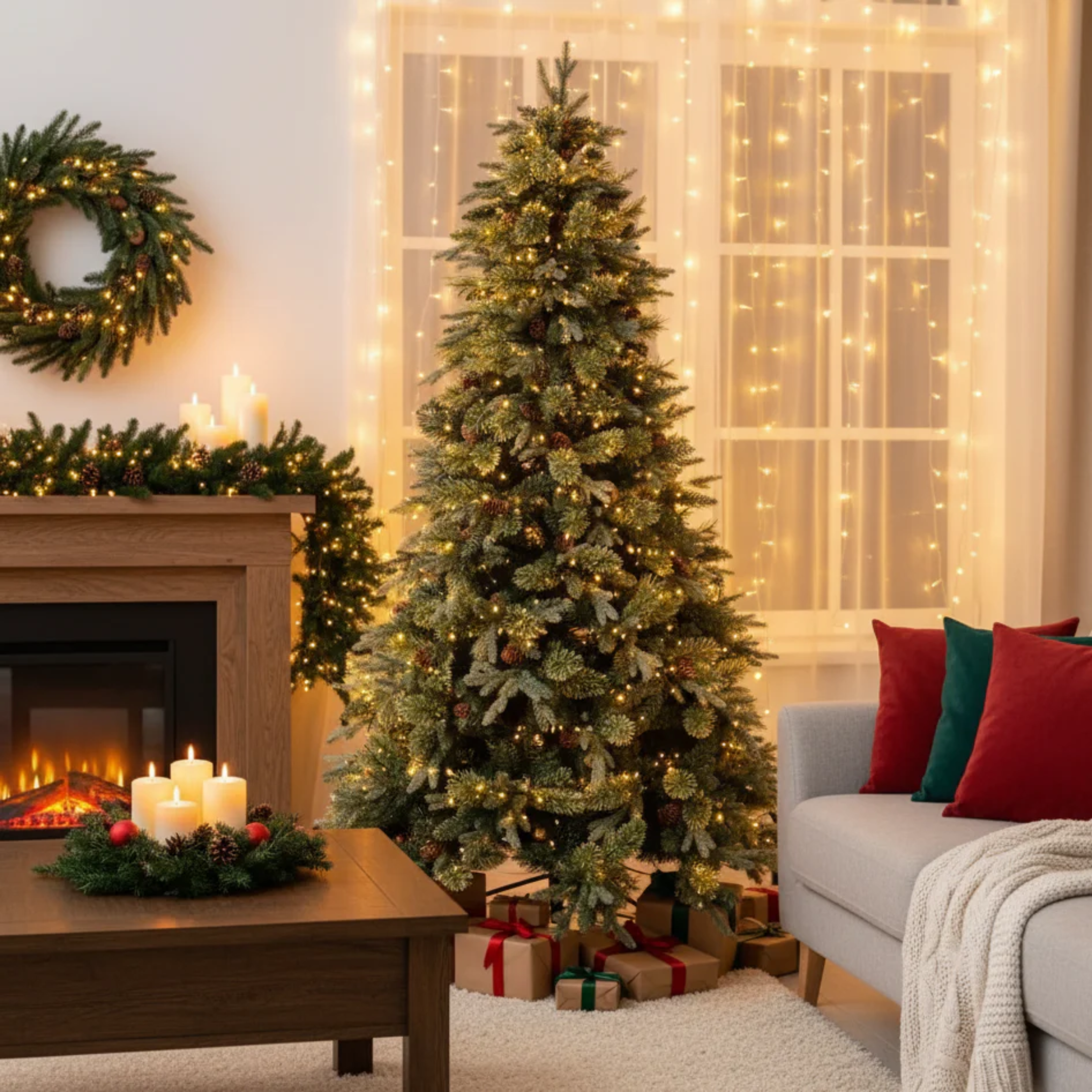 Albero di Natale "Candle" in PE effetto real touch e PP effetto aghi di pino e pigne