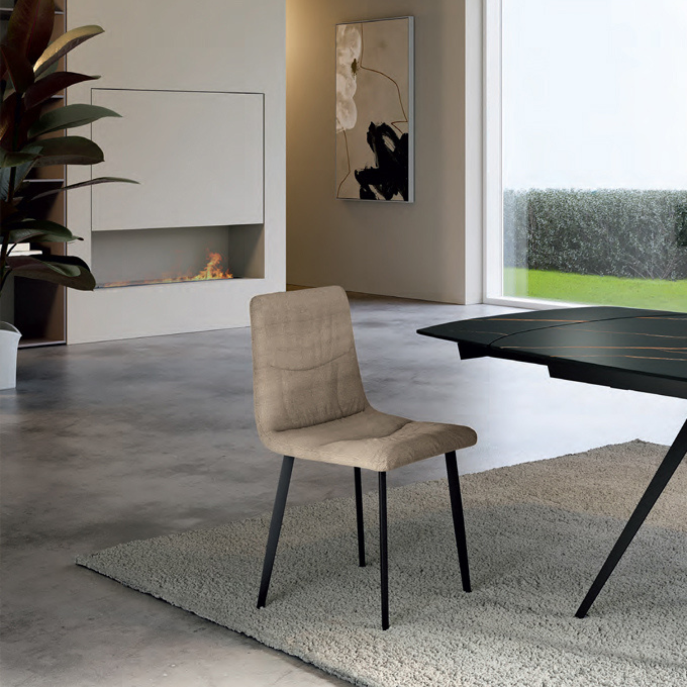 Set 4 sedie in tessuto easy-clean "Carlotta" con struttura in metallo verniciato nero