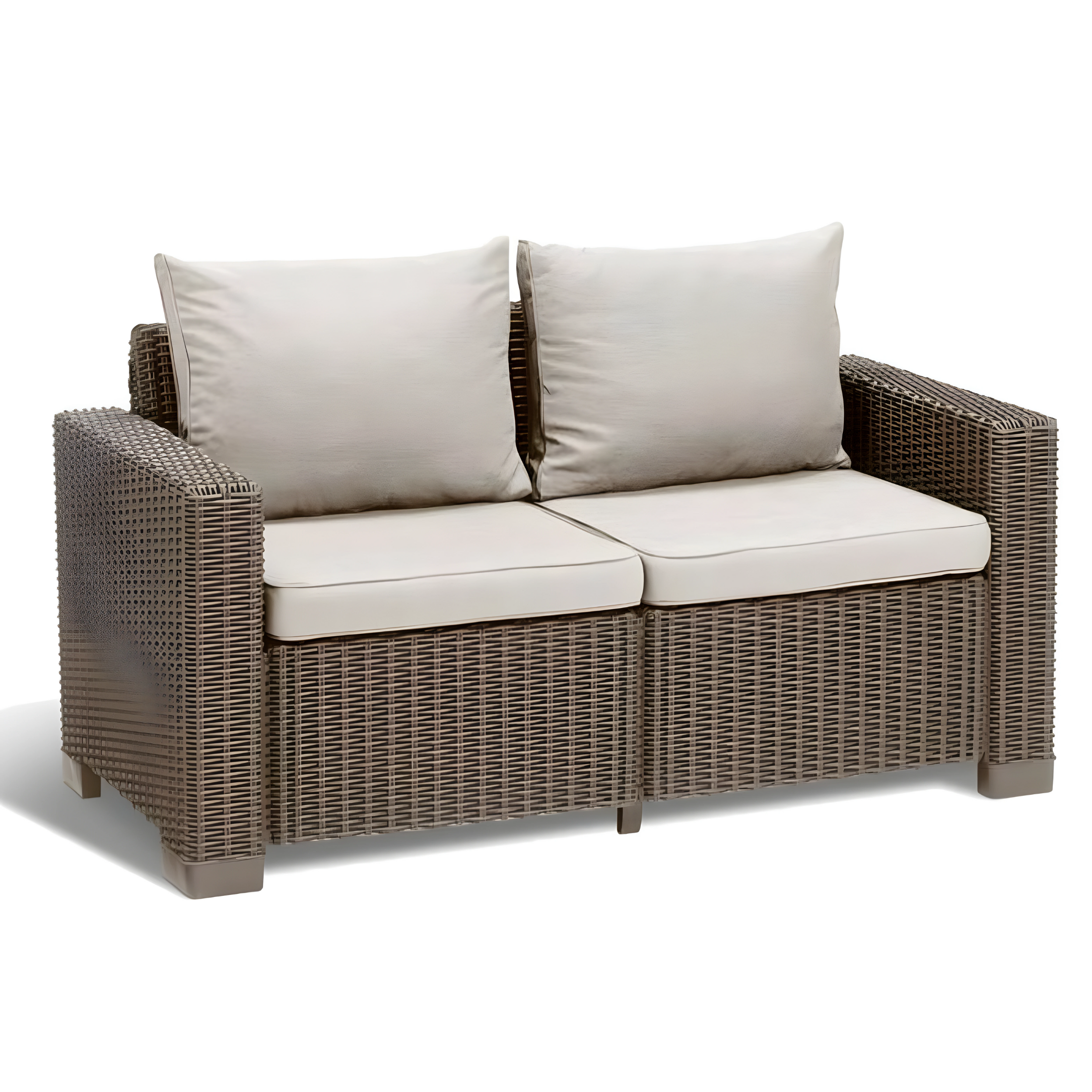Divano 2 posti in resina "California" effetto rattan con cuscini cm 141x68 72h