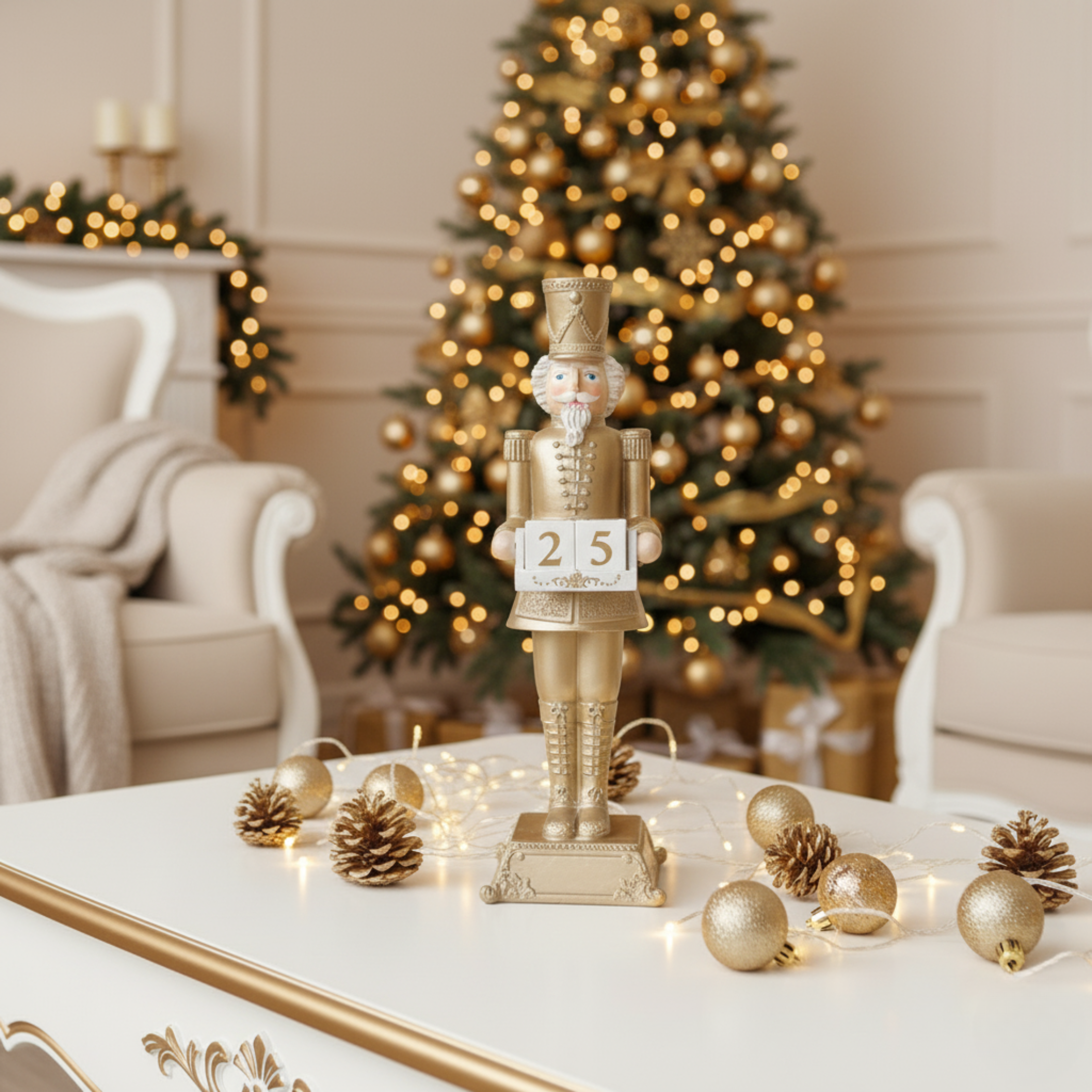 Soldatino decorativo “Edwyn” in poliresina, decorazione natalizia classica e raffinata colore Champagne cm 13,5x13,5x31,5h