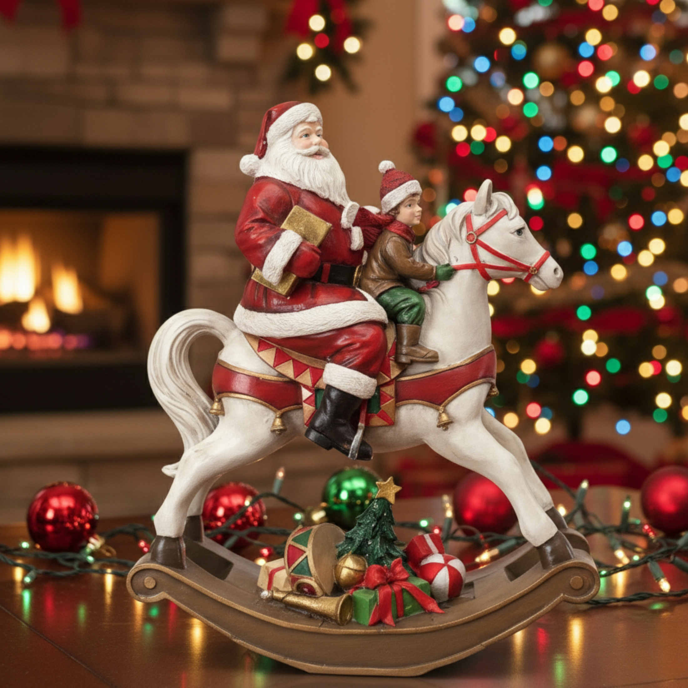 Statuetta cavallo a dondolo con Babbo Natale colori natalizi in poliresina cm 18x8 22h