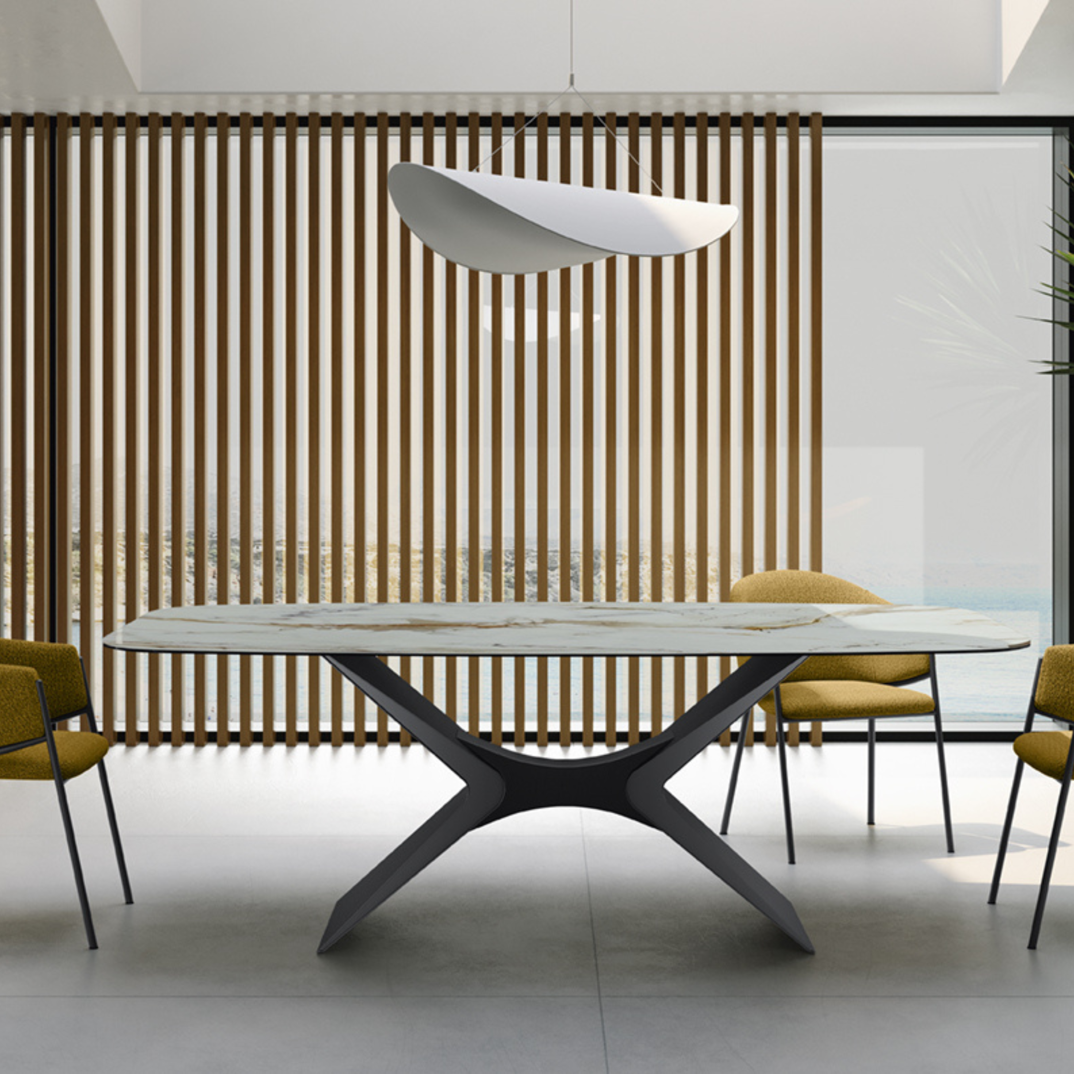 Tavolo fisso "Atlante" con top lucido in ceramica su vetro con struttura in metallo verniciato