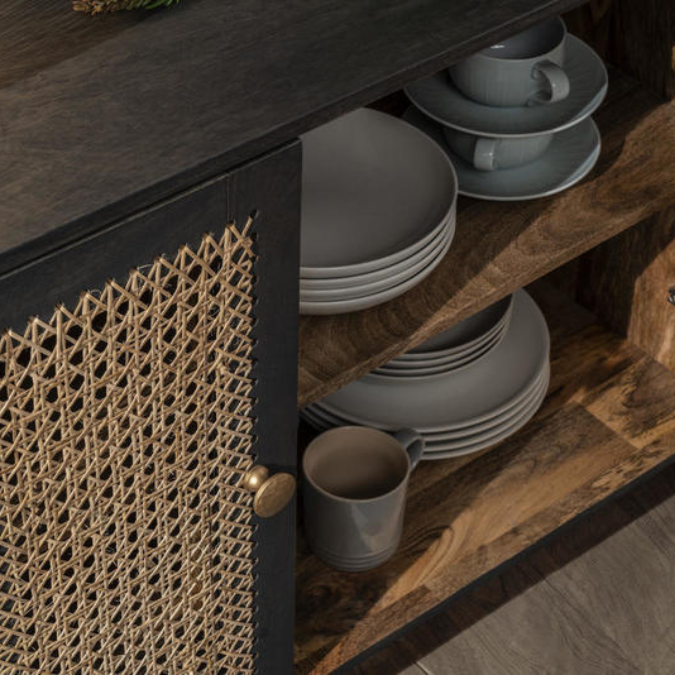 Madia design in legno di mango rattan "Ryan" 3 ante cm 160x38 75h