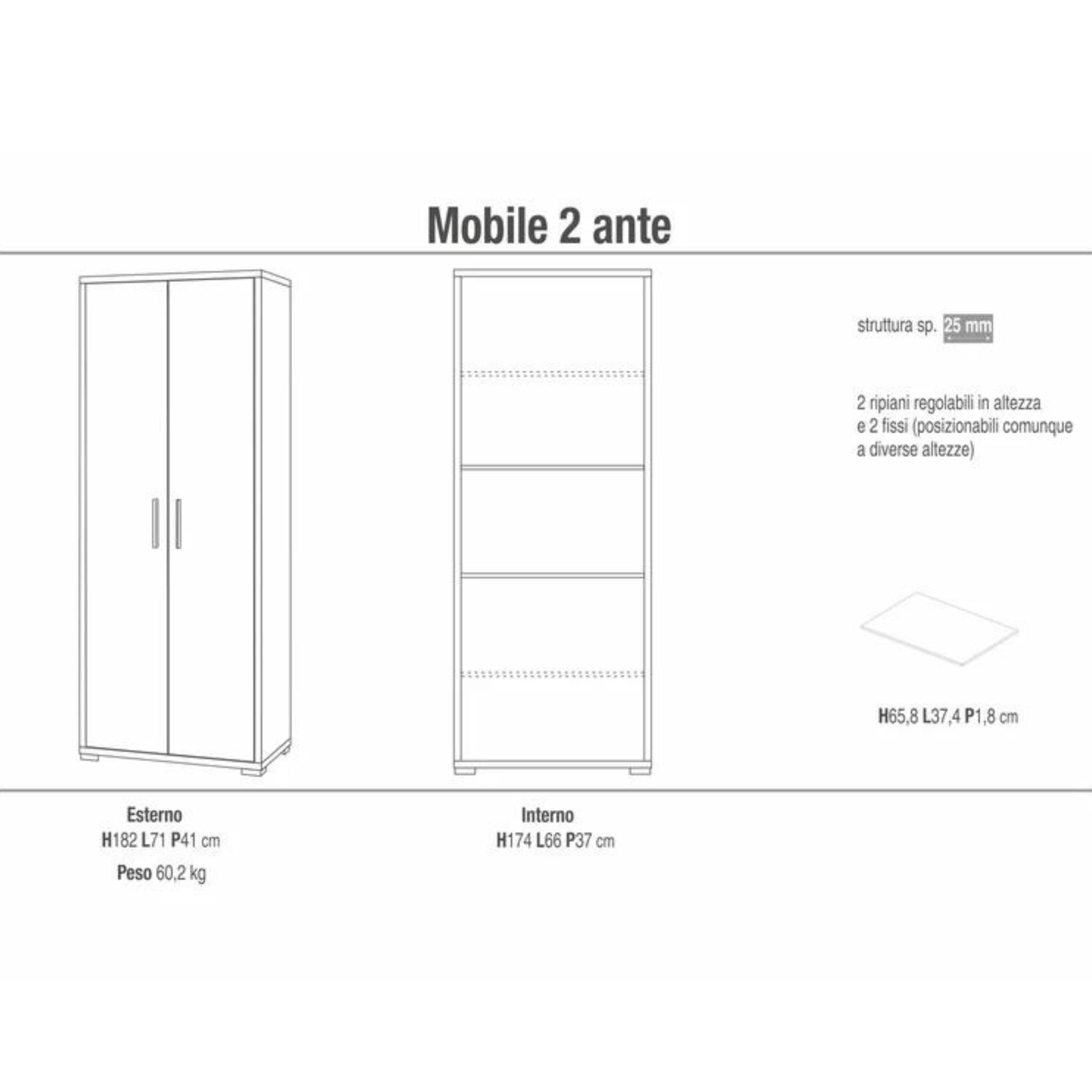 Mobile scarpiera 2 ante "Organized2" 4 ripiani cm 71x41 199h