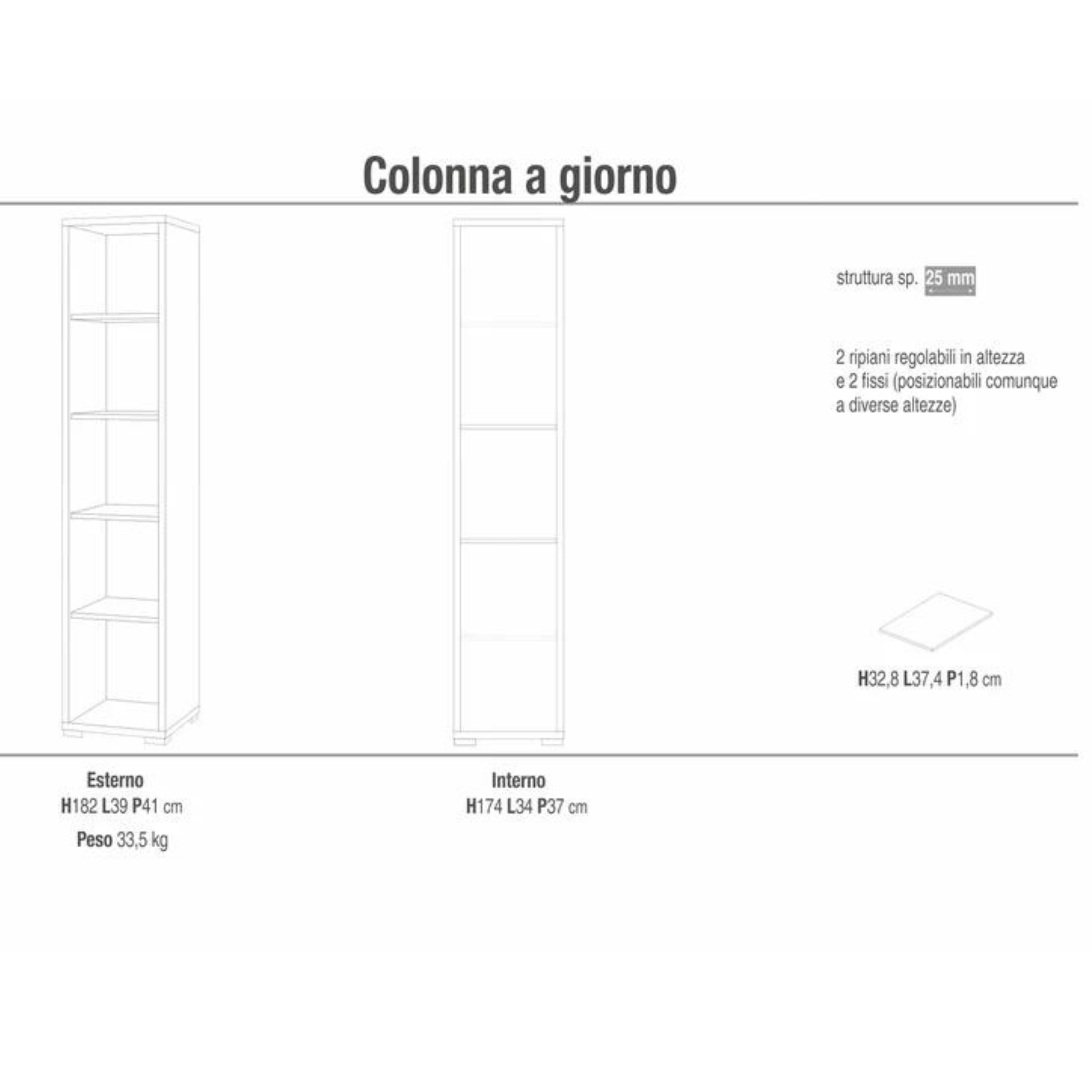 Mobile libreria a colonna "Slim" in legno ripiani regolabili cm 39x41 182h