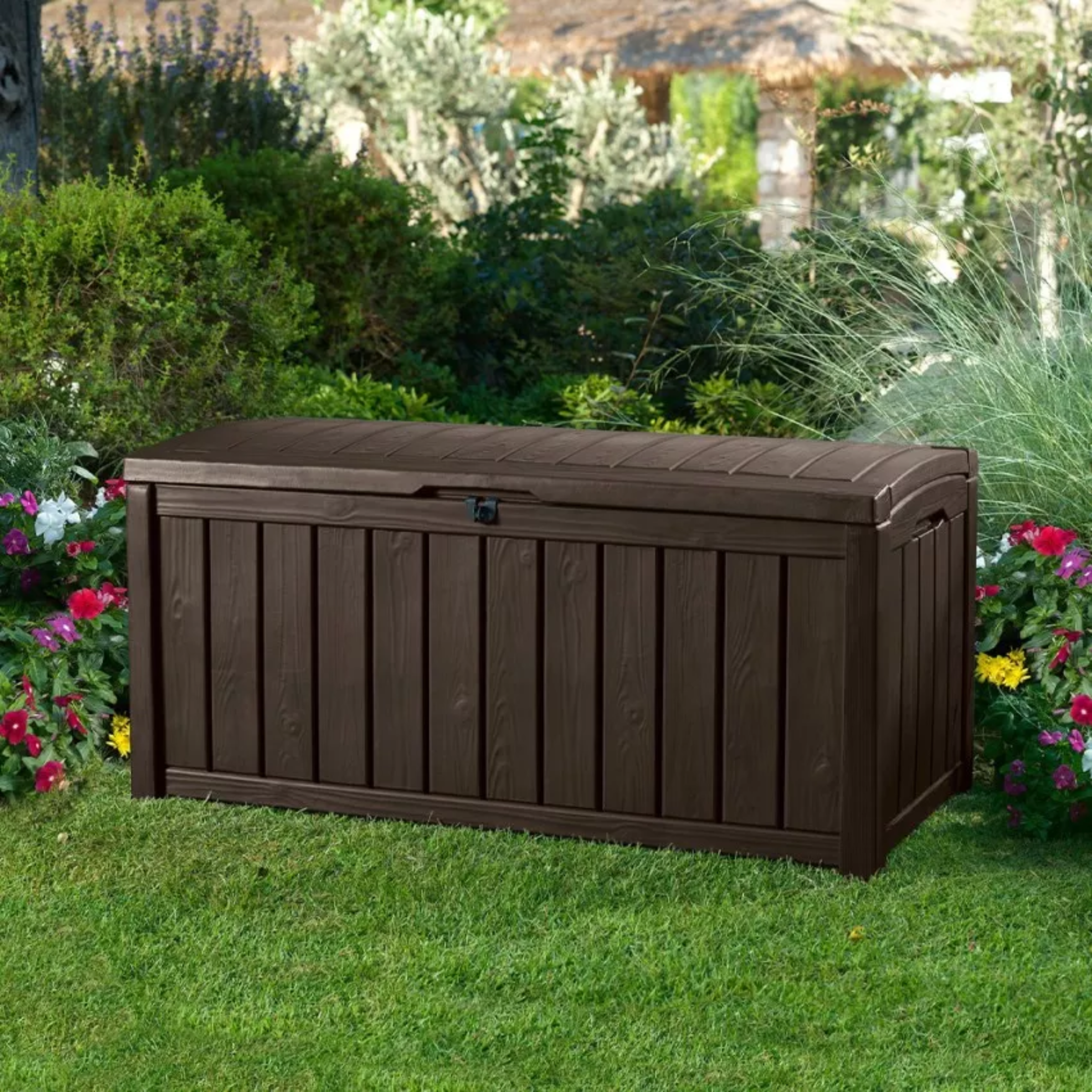 Baule in resina effetto legno "Mood" da esterno capiente cm 128x65 61h