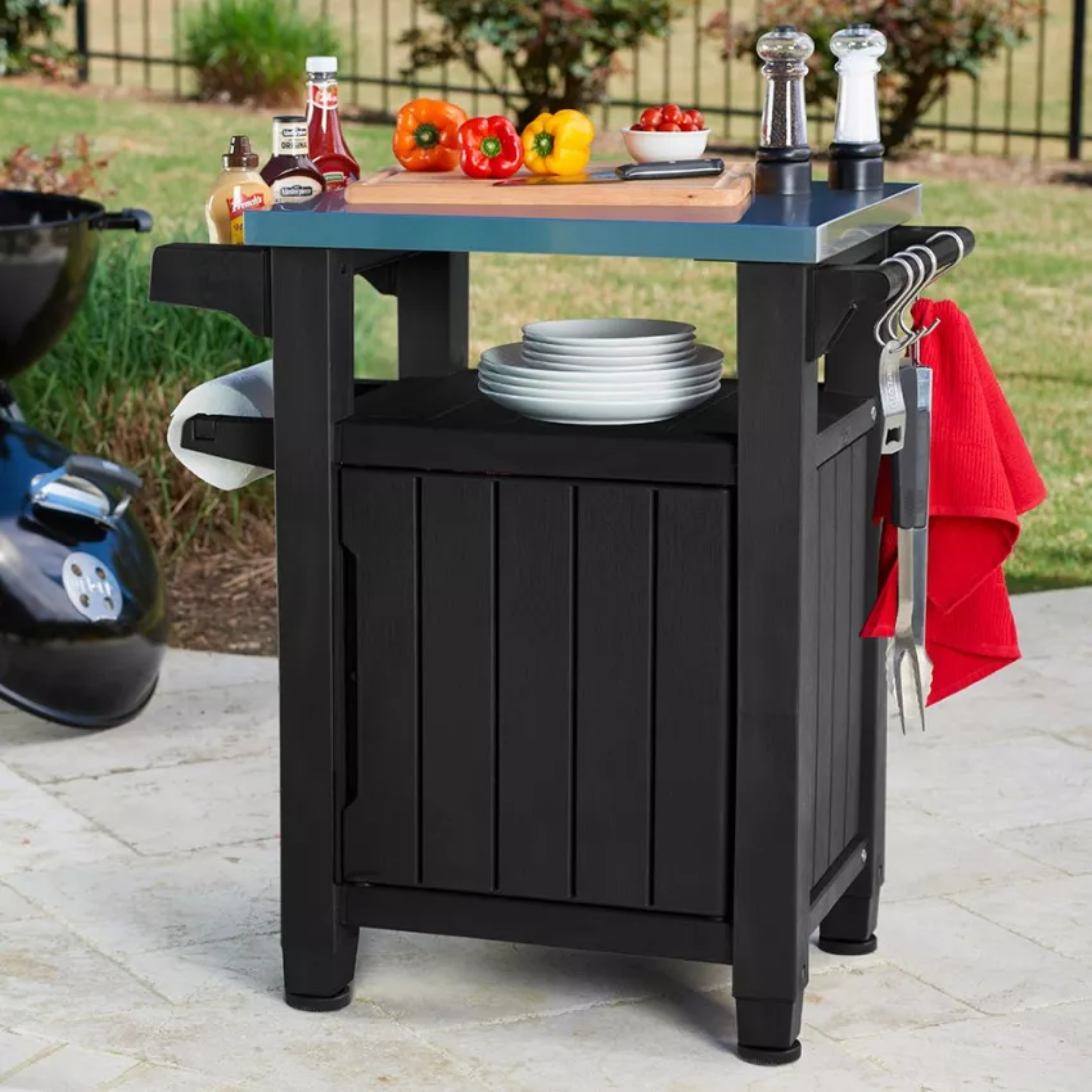 Tavolino effetto legno "Unity" per BBQ 1 anta 2 ruote cm 70x54 90h