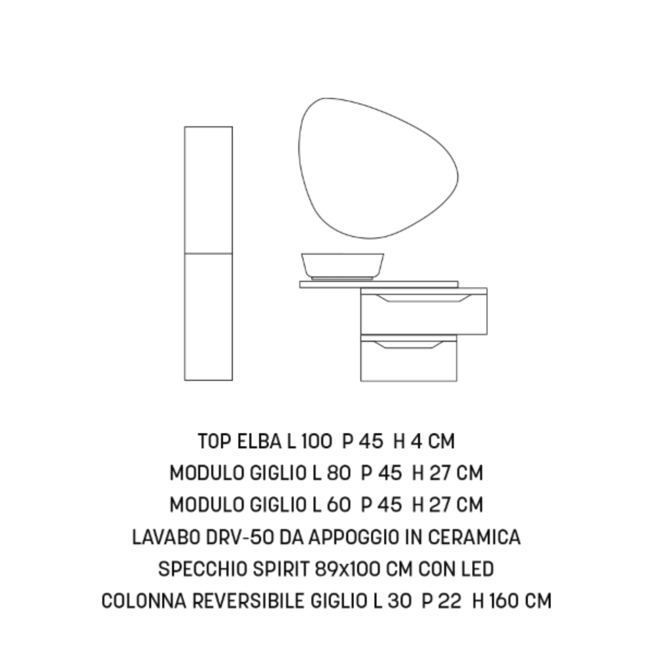 Mobile da bagno sospeso già assemblato "Alaia" 2 cassetti specchio led lavabo e colonna