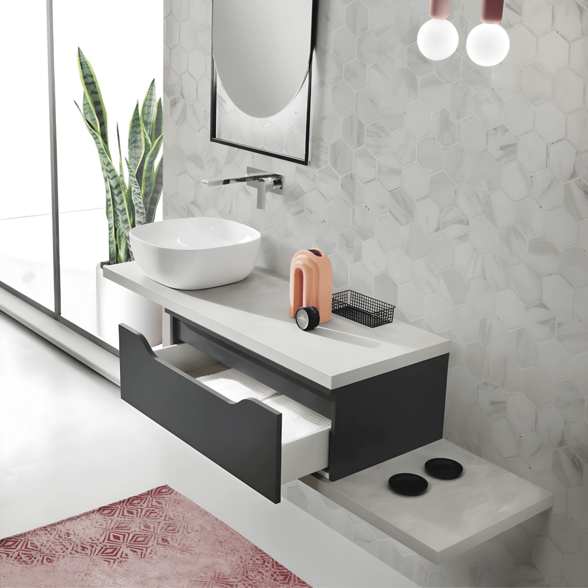 Mobile moderno da bagno sospeso "Flora" 1 cassetto specchio led lavabo da appoggio - MondoViro