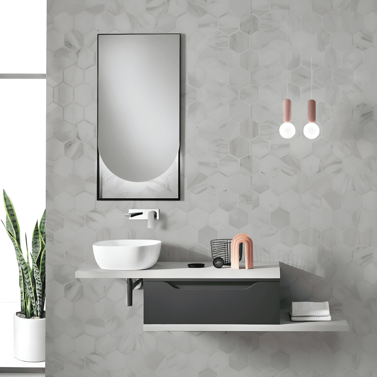 Mobile moderno da bagno sospeso "Flora" 1 cassetto specchio led lavabo da appoggio - MondoViro