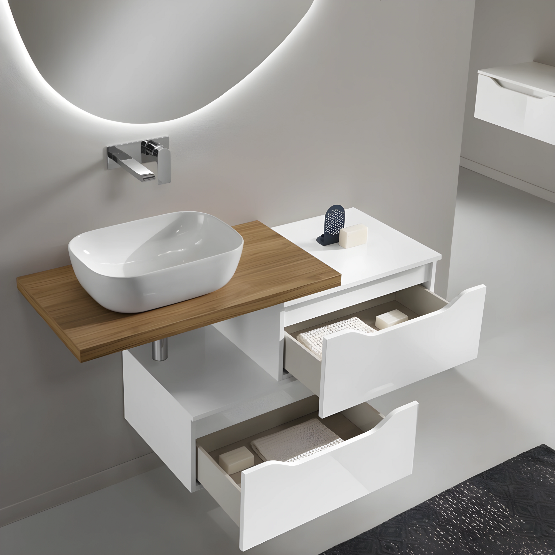 Mobile da bagno sospeso "Octavia" 2 cassetti 2 colonne lavabo da appoggio specchio Led