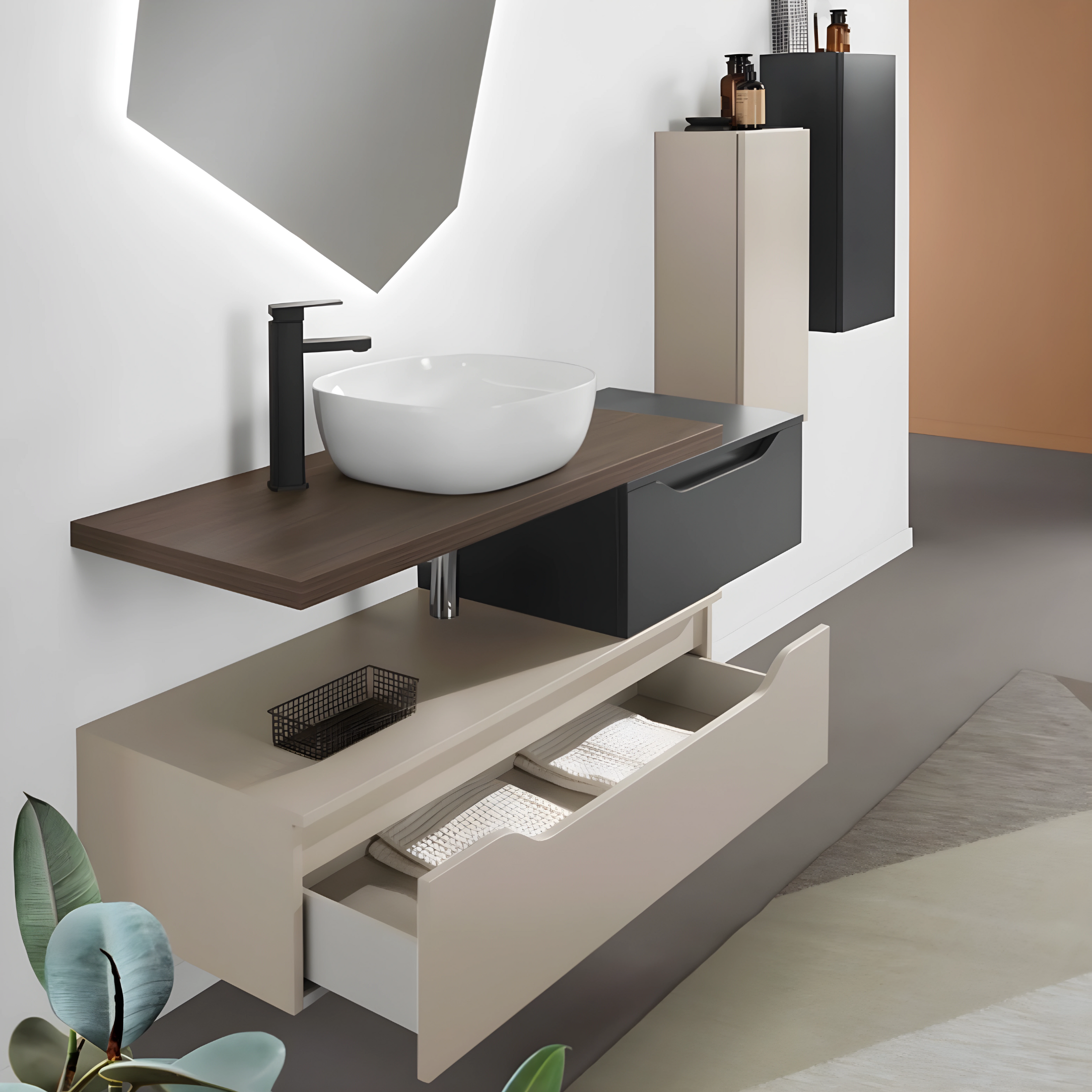 Mobile da bagno sospeso "Omar" 2 cassettoni e top con lavabo da appoggio e specchio LED