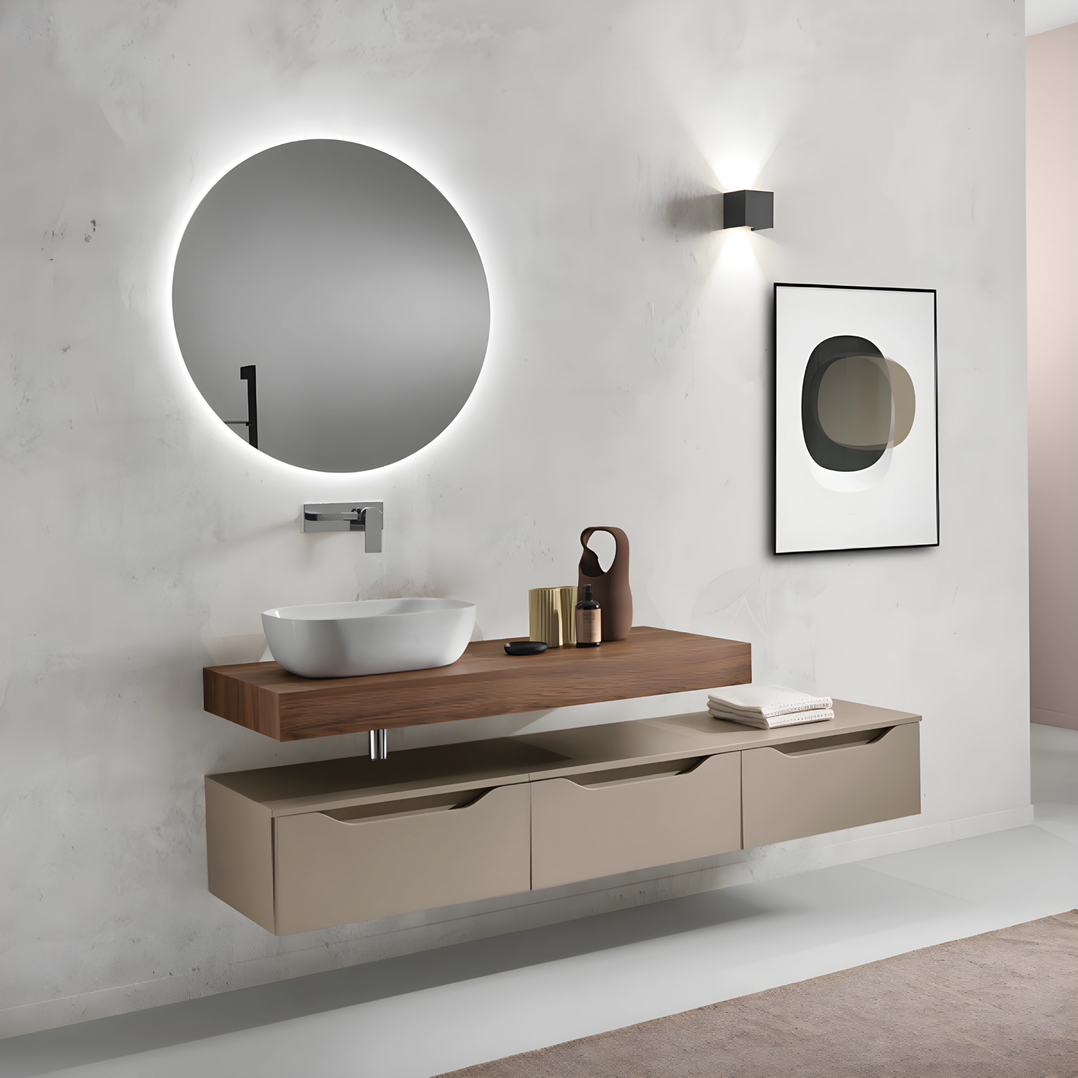 Mobile da bagno sospeso moderno "Elton" 3 cassetti lavabo da appoggio specchio Led