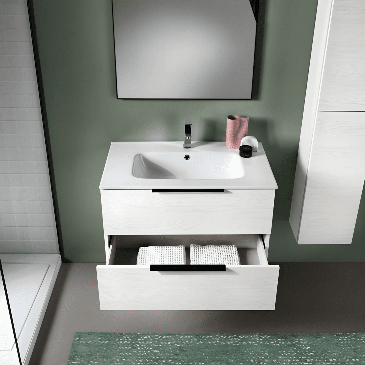 Mobile da bagno sospeso "Atrium" moderno 2 cassetti specchio luce Led - MondoViro