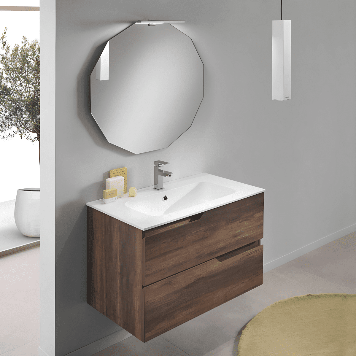 Mobile da bagno sospeso "Cuba" base 2 cassetti 80 cm con colonna specchio e lavabo TEK - MondoViro