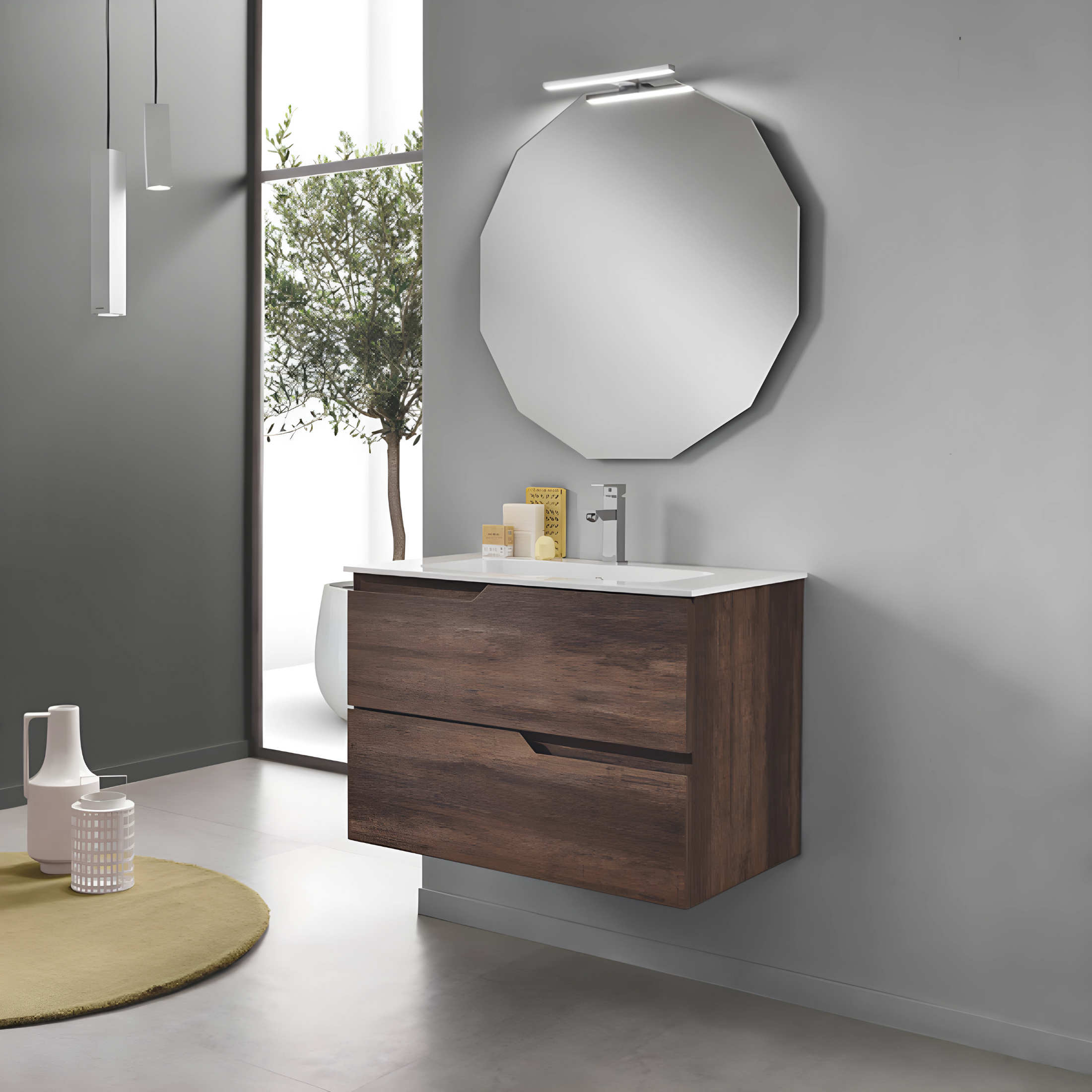 Mobile da bagno sospeso "Cuba" base 2 cassetti 80 cm con colonna specchio e lavabo TEK