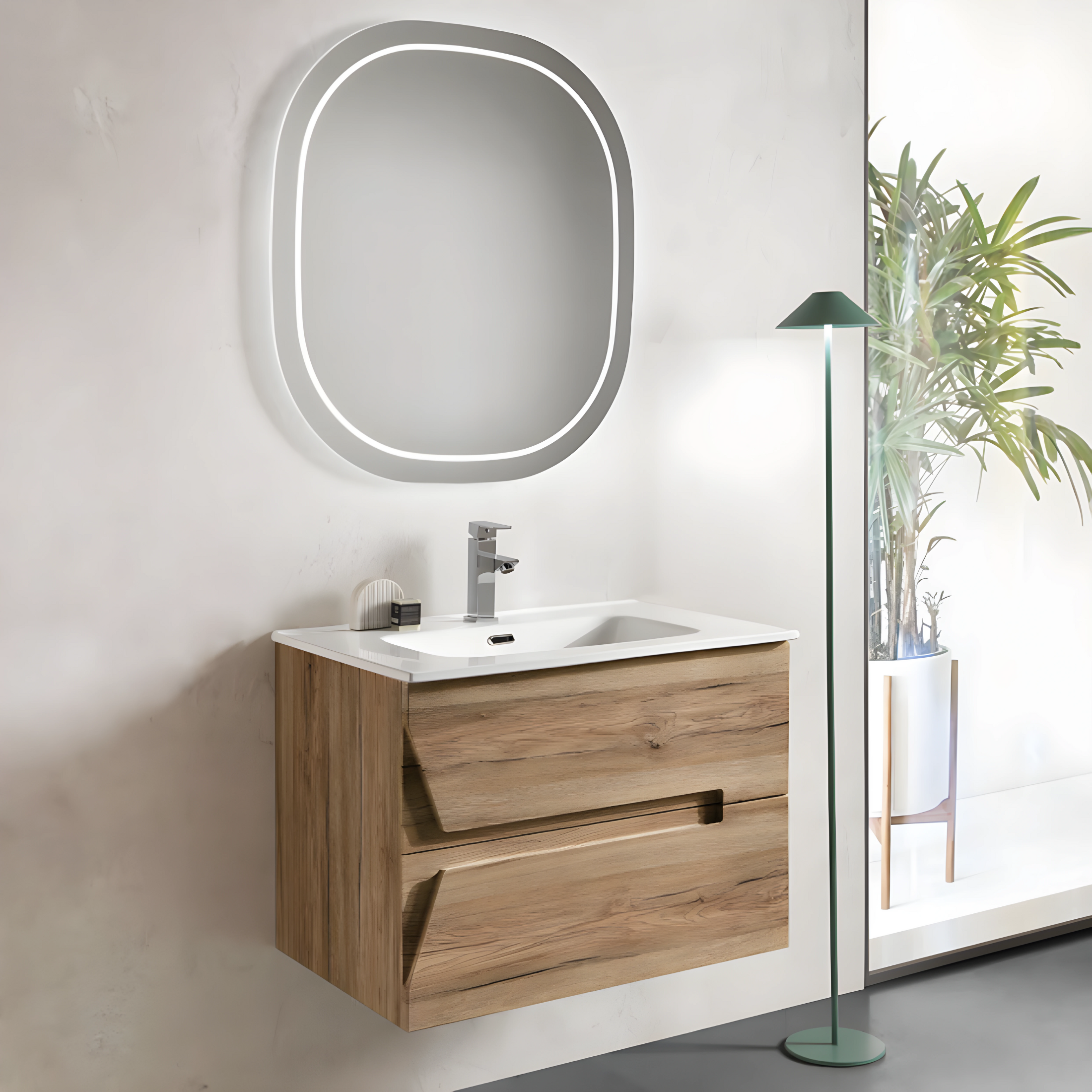 Mobile da bagno sospeso "Opus" 2 cassetti in legno lavabo e specchio Led