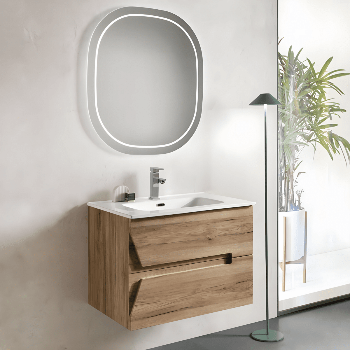 Mobile da bagno sospeso "Opus" 2 cassetti in legno lavabo e specchio Led - MondoViro