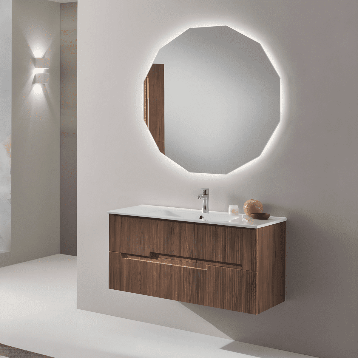 Mobile da bagno sospeso "Lennon" con 2 cassetti specchio Led e lavabo - MondoViro