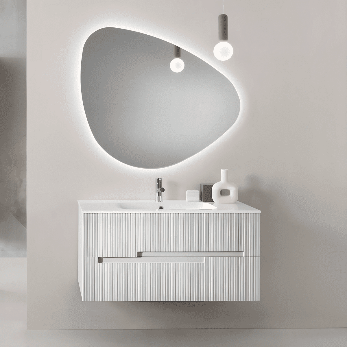 Mobile da bagno in legno "Cosmo100" con 2 cassetti lavabo e colonna sospesa - MondoViro