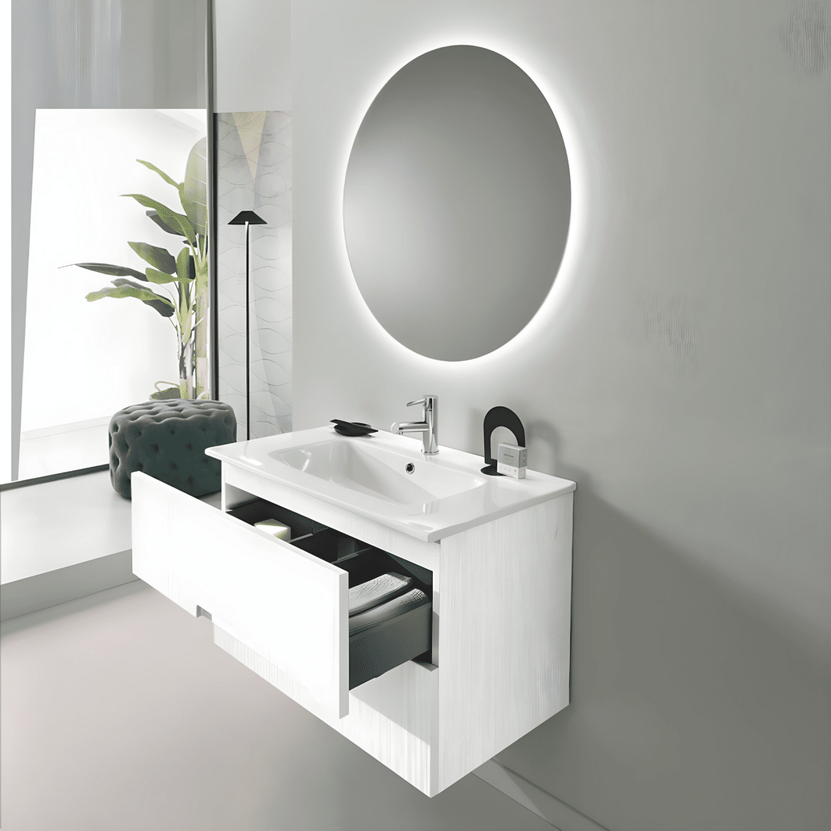 Mobile moderno da bagno in legno 2 cassetti "Cloud80" con lavabo e specchio Led - MondoViro