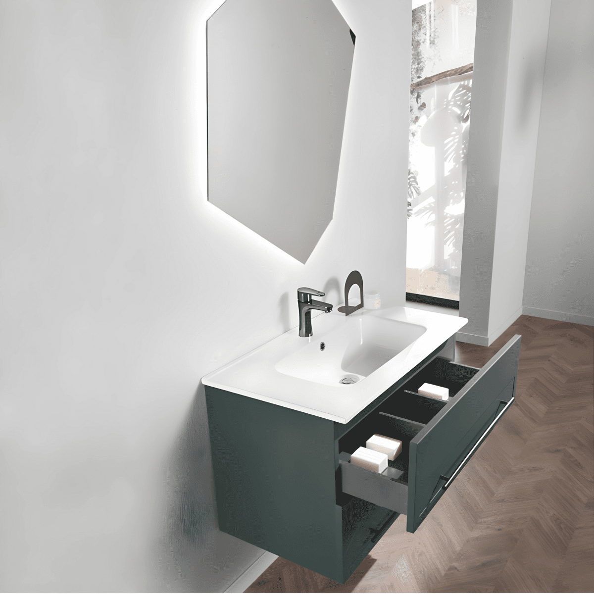 Mobile da bagno sospeso moderno "Sierra80" con 2 cassetti lavabo e specchio Led - MondoViro
