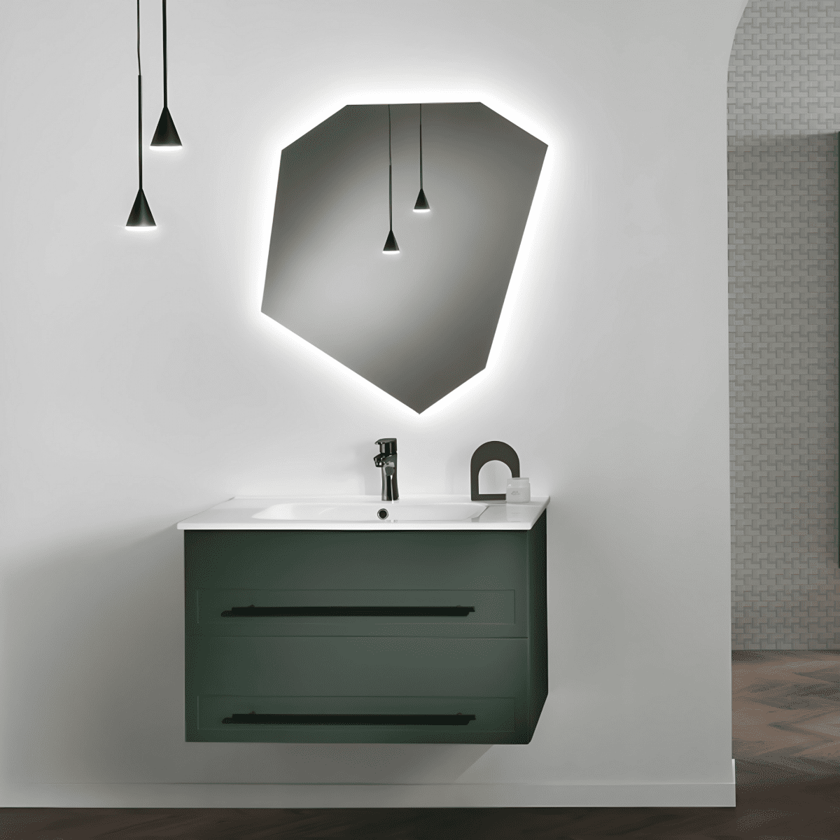 Mobile da bagno sospeso moderno "Sierra80" con 2 cassetti lavabo e specchio Led - MondoViro