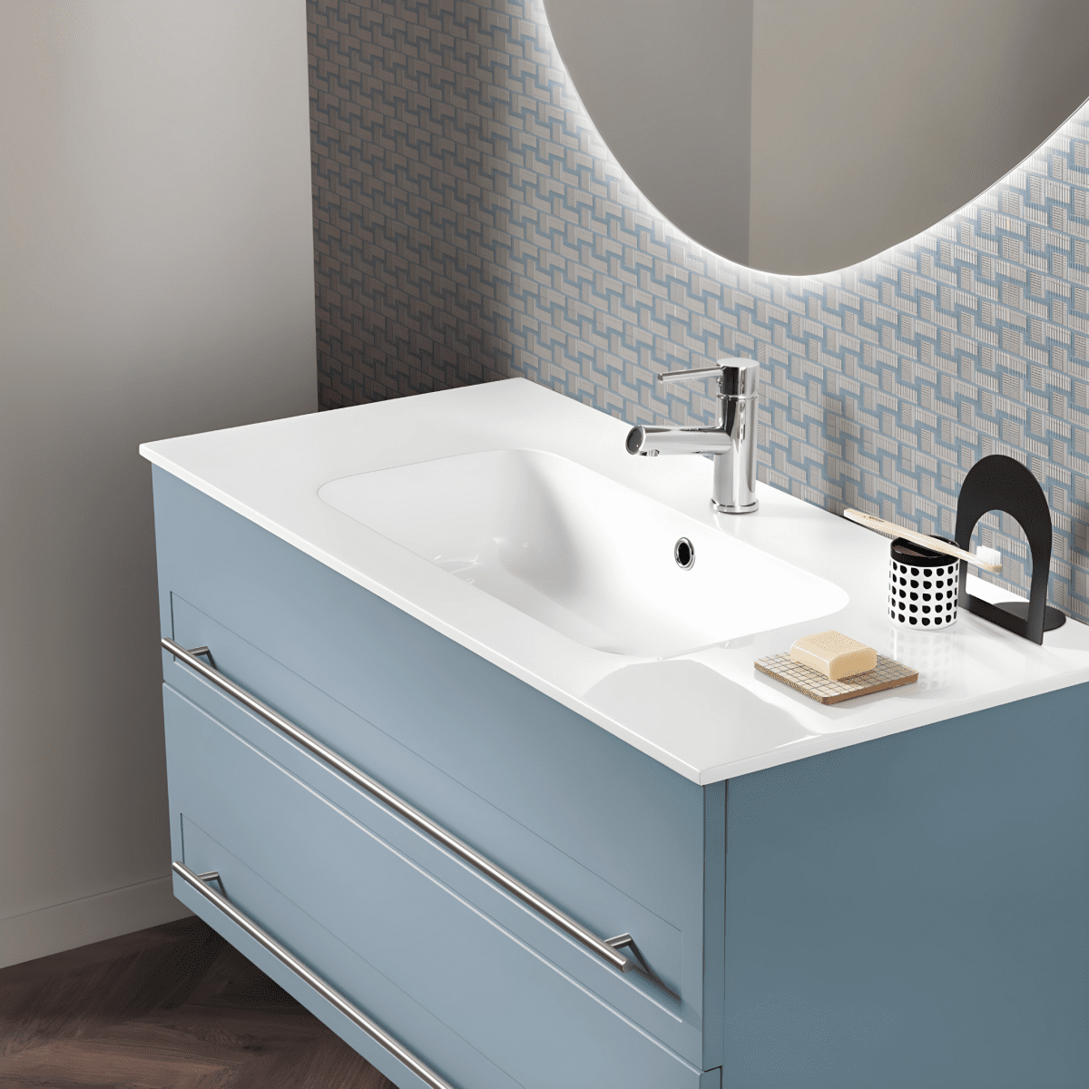 Mobile da bagno in legno 2 cassetti "Denim100" con lavabo e specchio Led - MondoViro