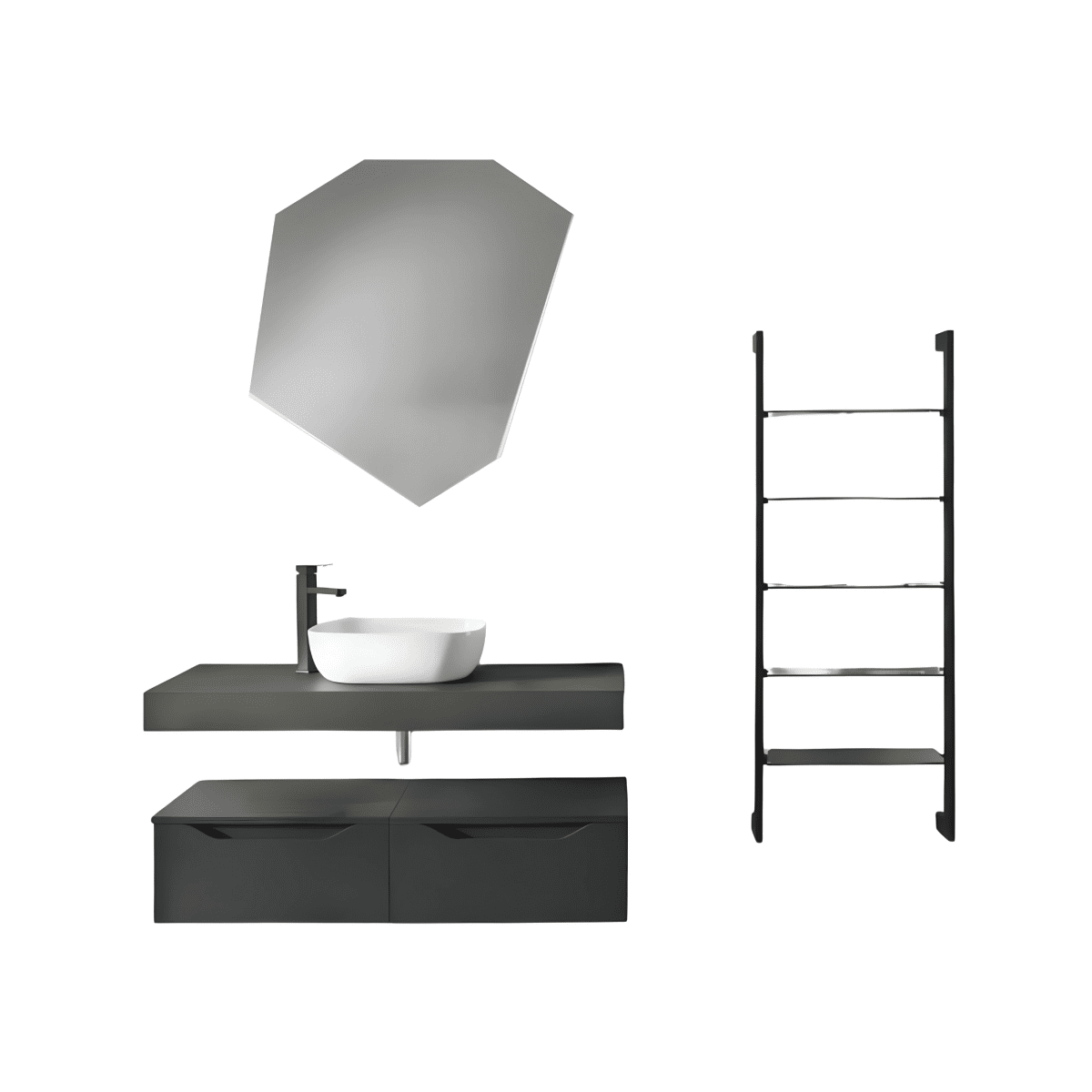 Mobile da bagno sospeso "Becky" moderno 2 cassetti specchio Led lavabo scaletta step - MondoViro