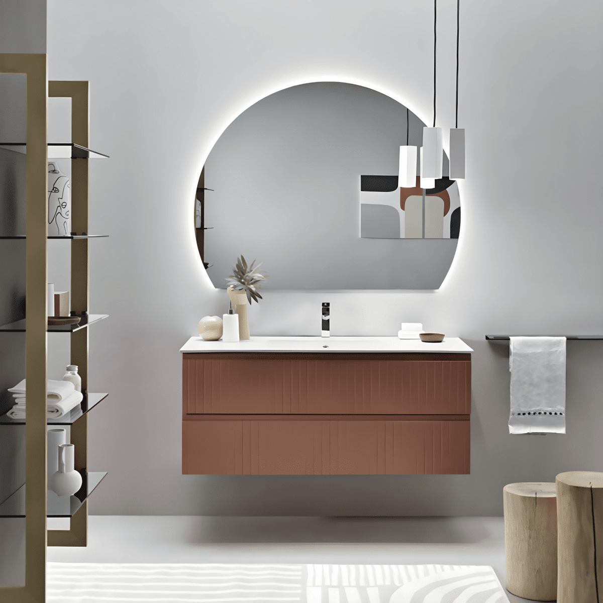 Mobile da bagno sospeso moderno "Planet120" con 2 cassetti lavabo e specchio Led - MondoViro