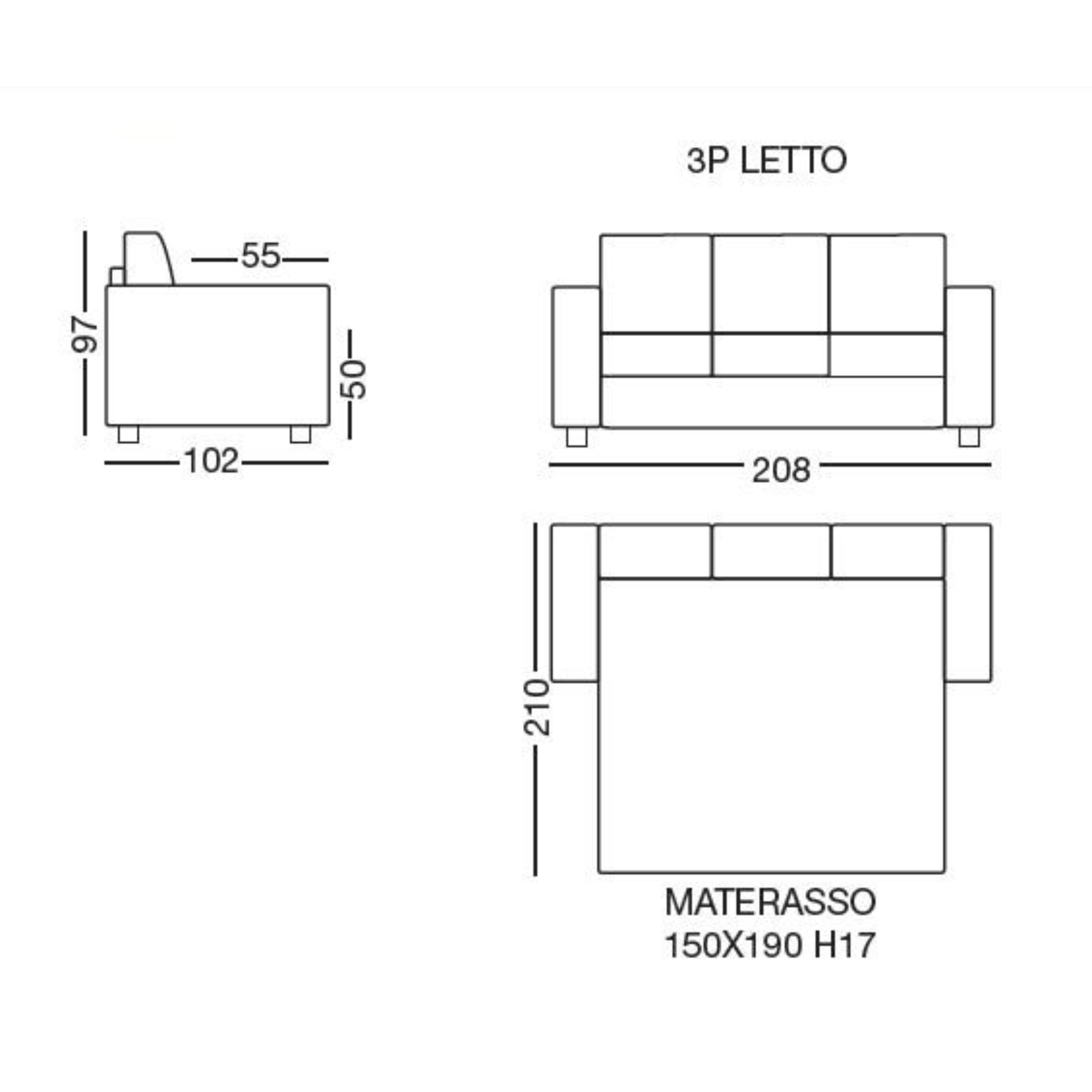 Divano letto 3 posti matrimoniale "Turchese" tessuto idrorepellente e antimacchia cm 208x102 97h