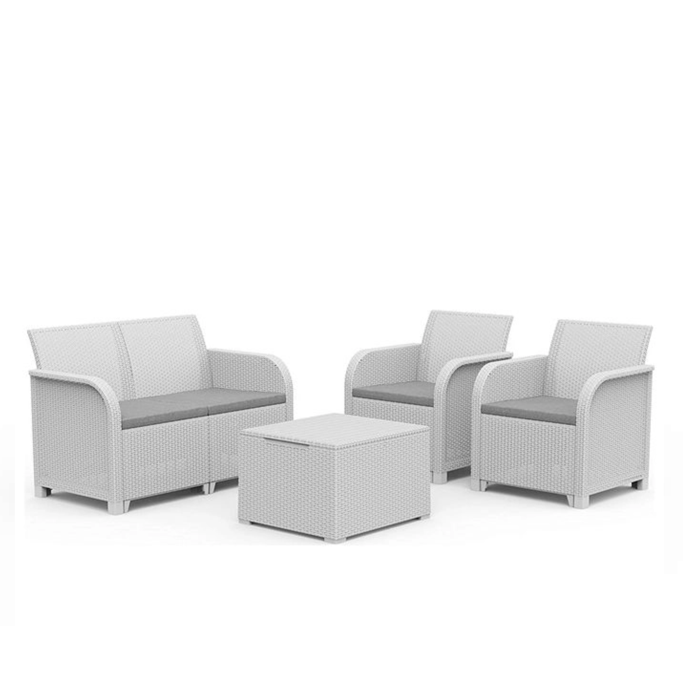 Set salotto rattan "Rosalie" divano poltrone e tavolino contenitore per giardino