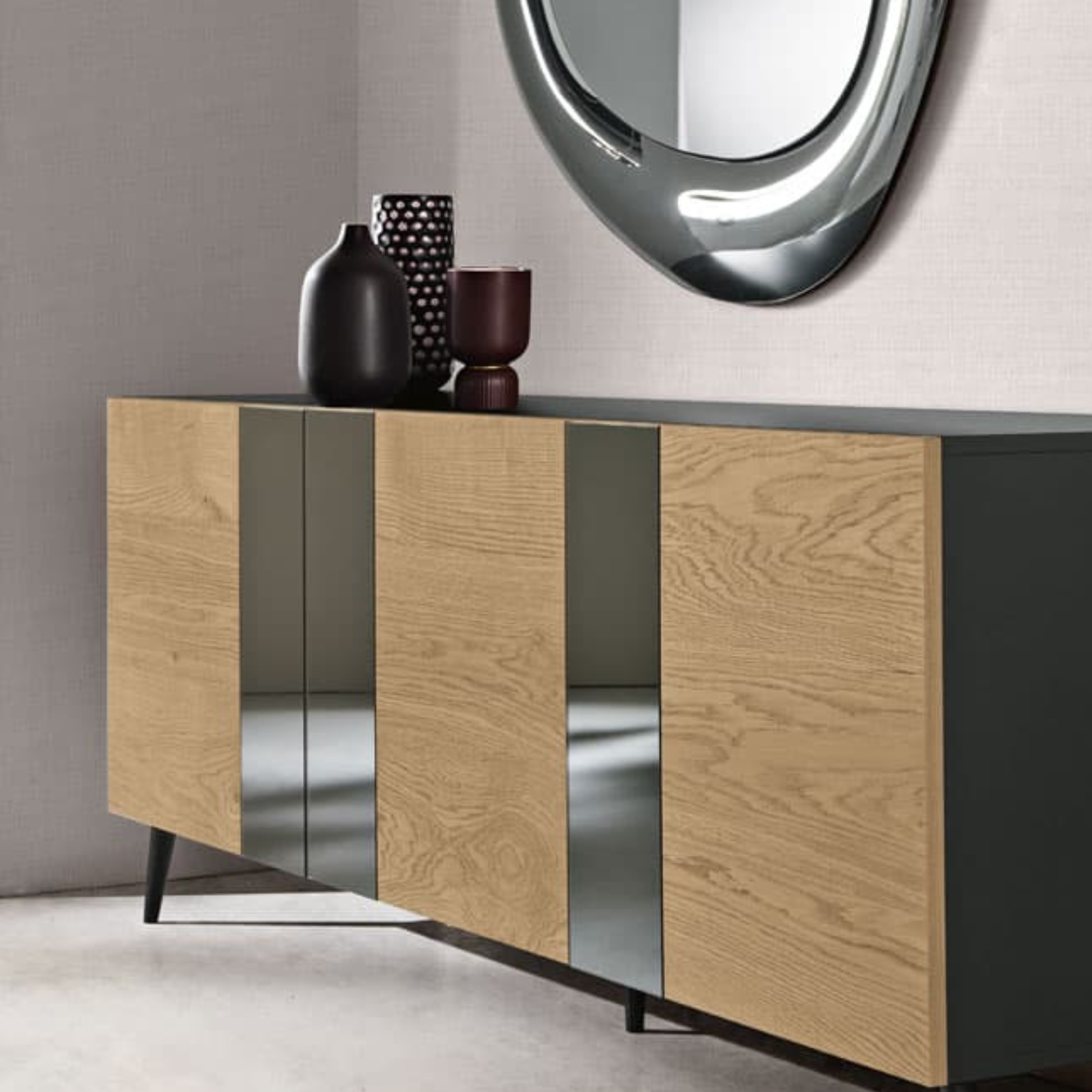 Madia moderna 3 ante già assemblata "Isabel" in legno inserti specchio cm 180x50 80h