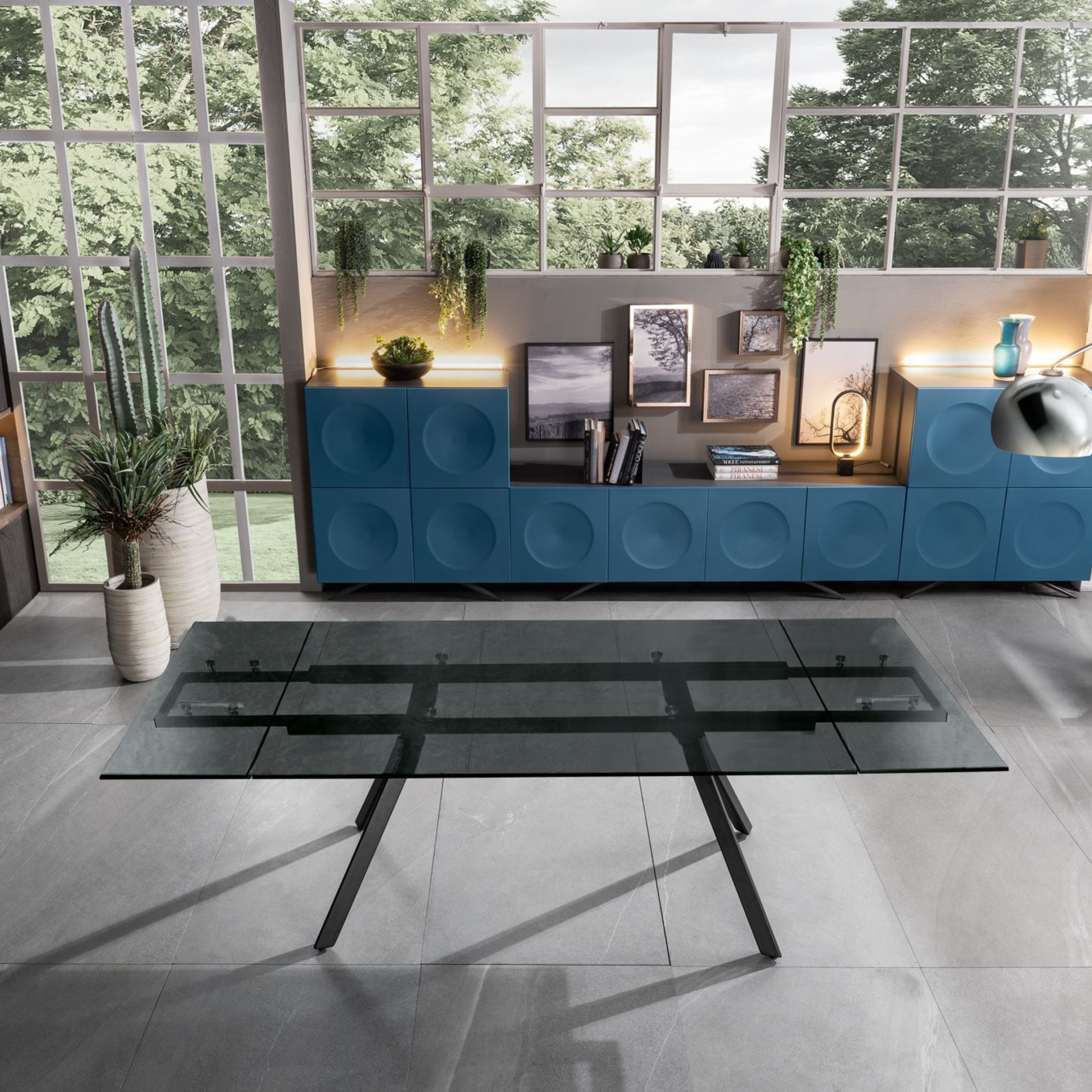 Tavolo allungabile "Smokey" con piano in vetro temperato cm 160/240x90 h76h