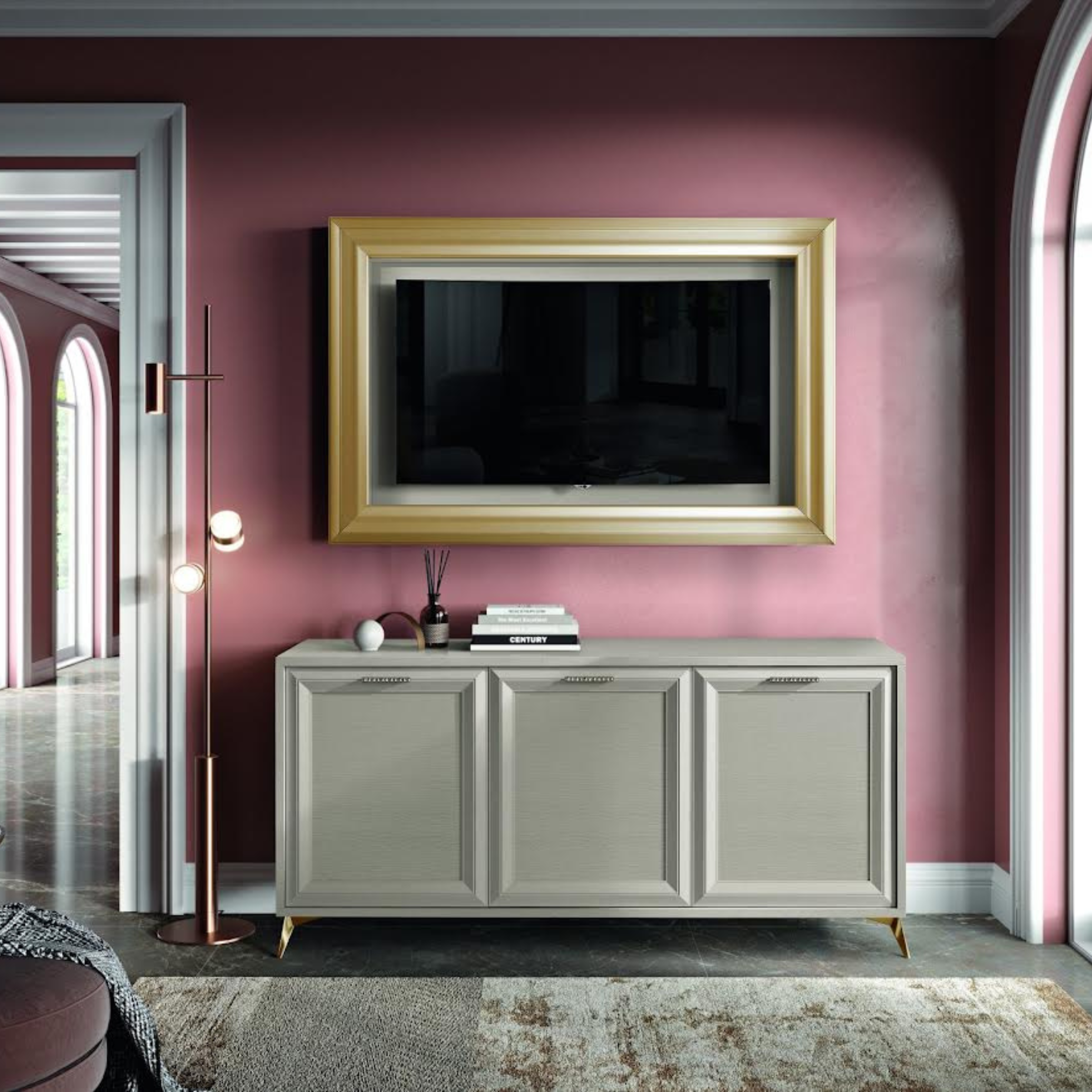 Madia moderna 3 ante "Jazz" in legno Londra con piedi in metallo cm 185x51,5 78,5h