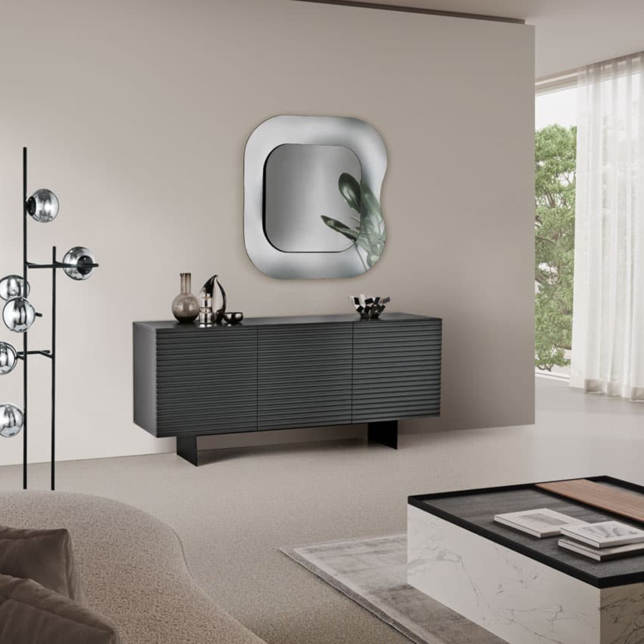 Madia 3 ante già assemblata "Nadia1" in legno laccato con due piedi in metallo verniciati cm 180x50 80h