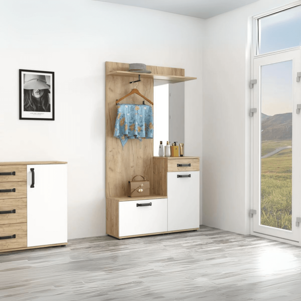Set di mobili da soggiorno "Quadro" in legno rovere e bianco moderno - MondoViro