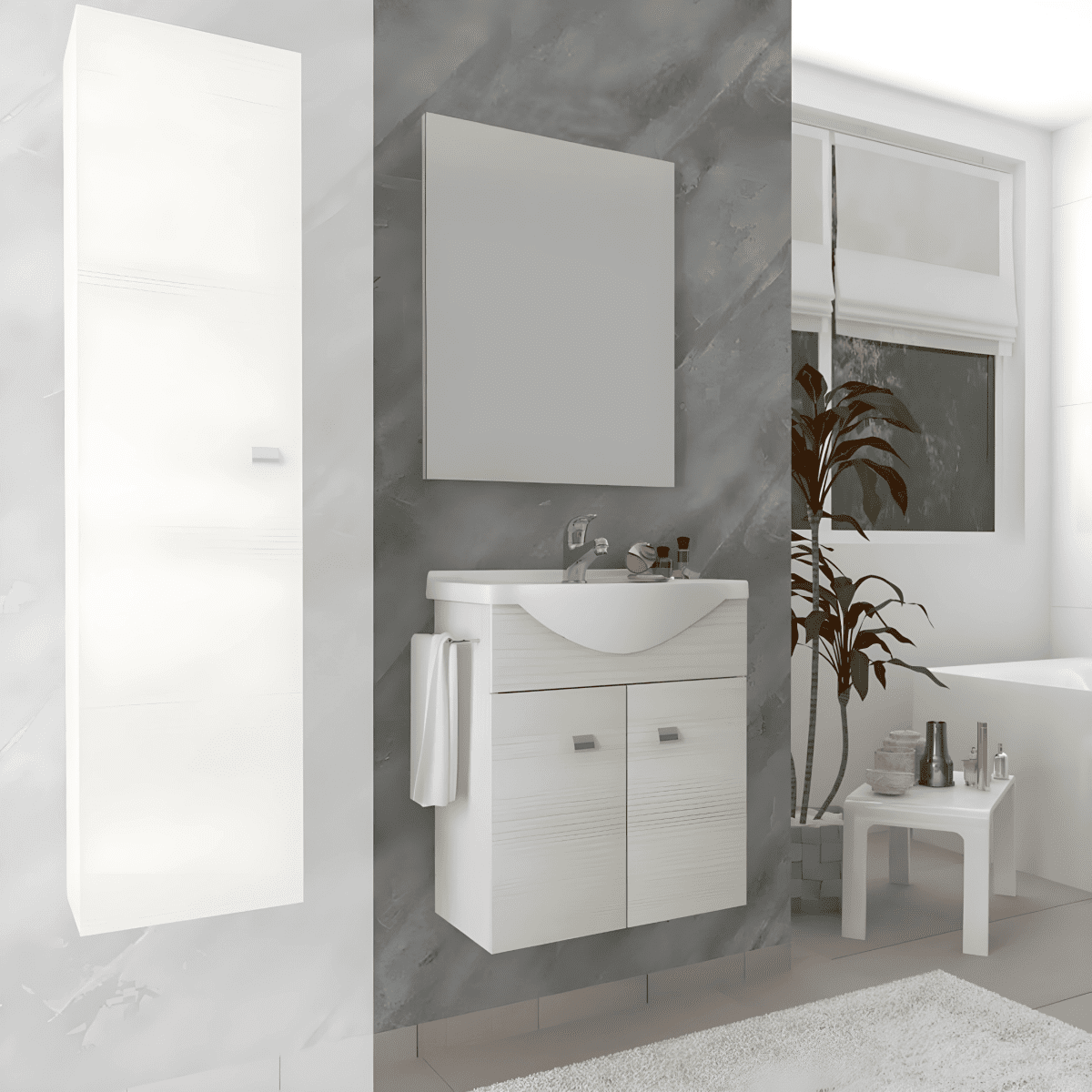 Mobile bagno sospeso "Moa55" con lavabo consolle e ante con maniglie cromate e specchio LED - MondoViro