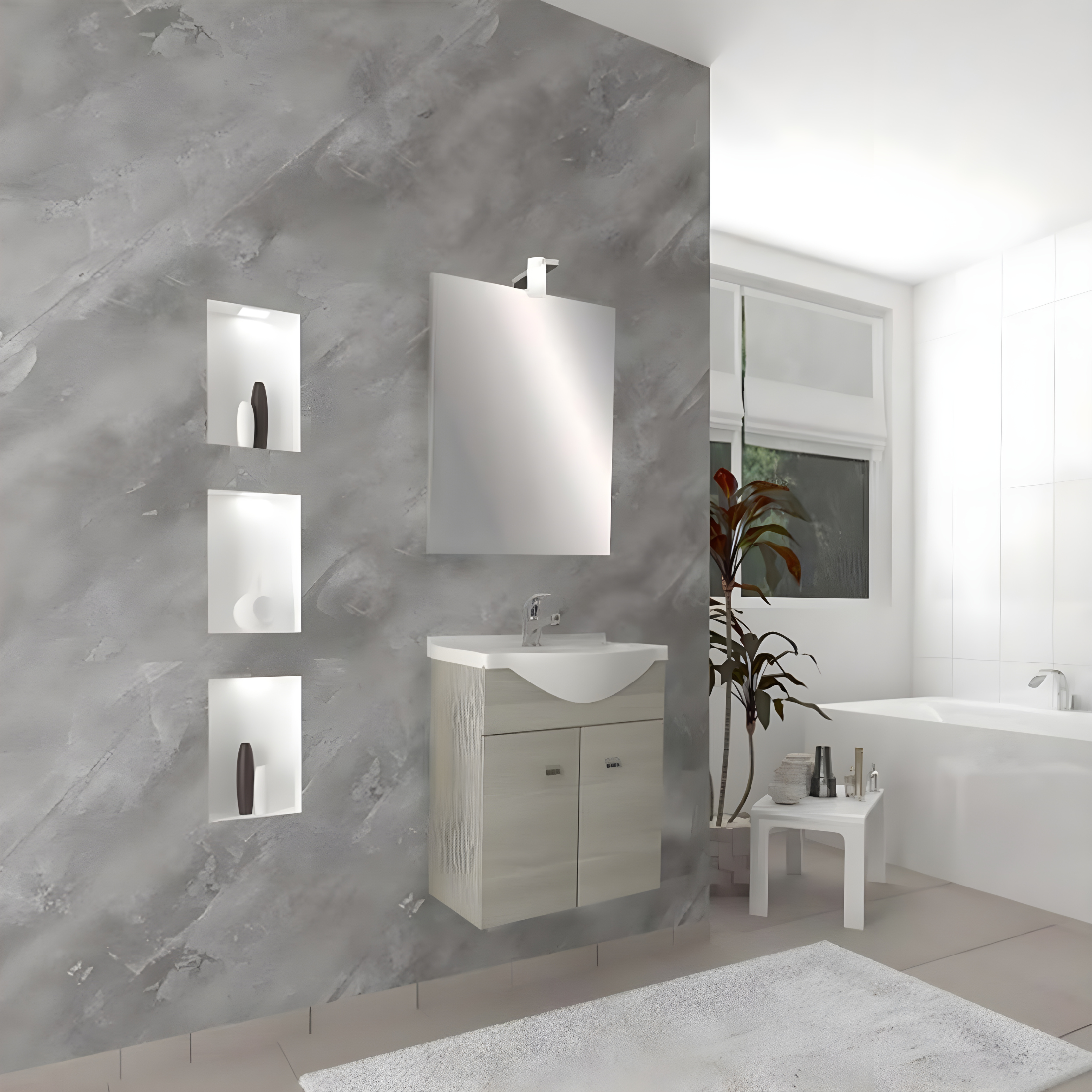 Mobile bagno sospeso "Moa55" con lavabo consolle e ante con maniglie cromate e specchio LED