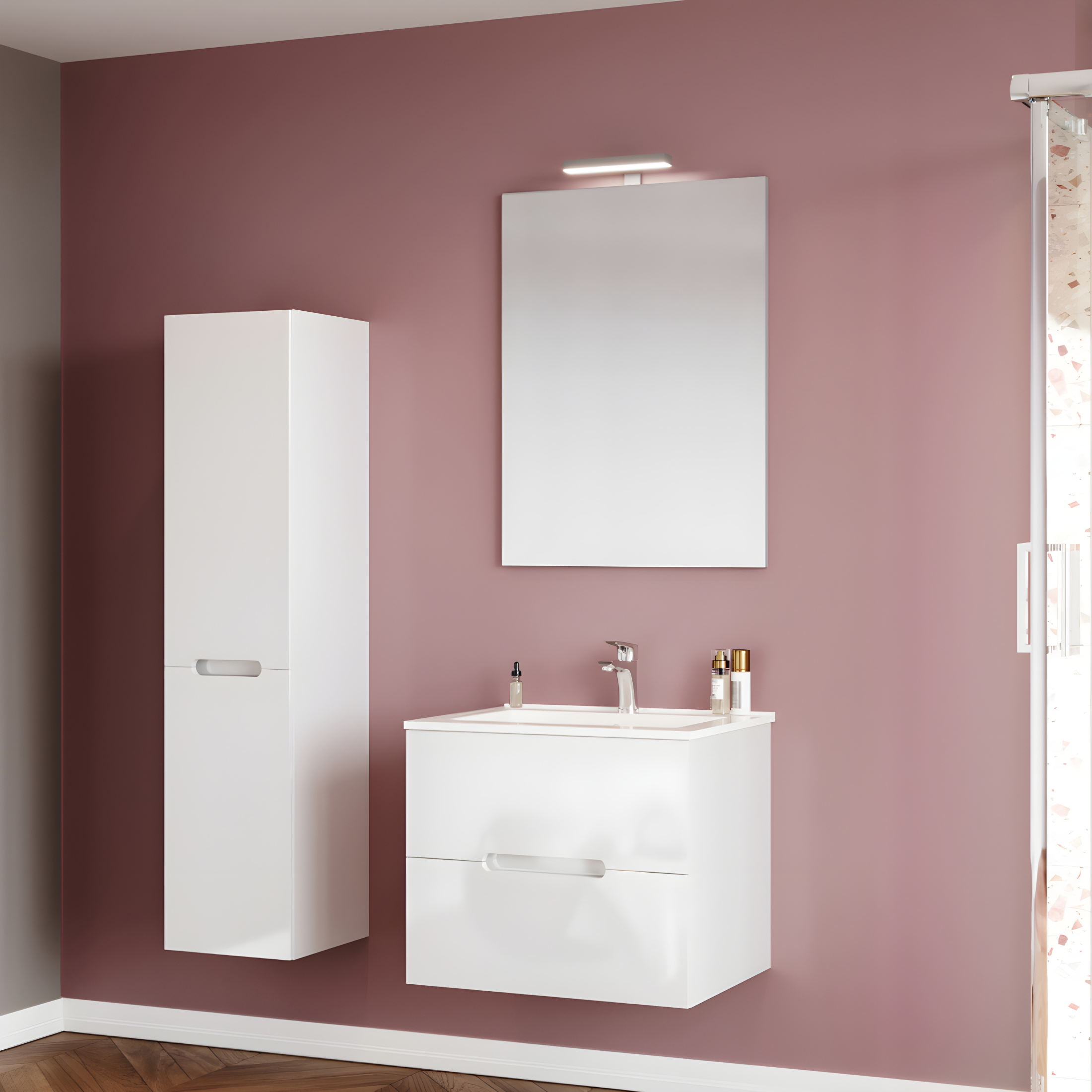 Colonna da bagno "Rhovan" con ripiani in vetro e due ante reversibili cm 34x36 140h