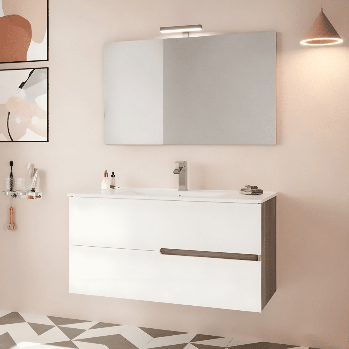 Mobile bagno sospeso moderno "Sara" in legno con 2 cassetti lavabo e specchio LED - MondoViro