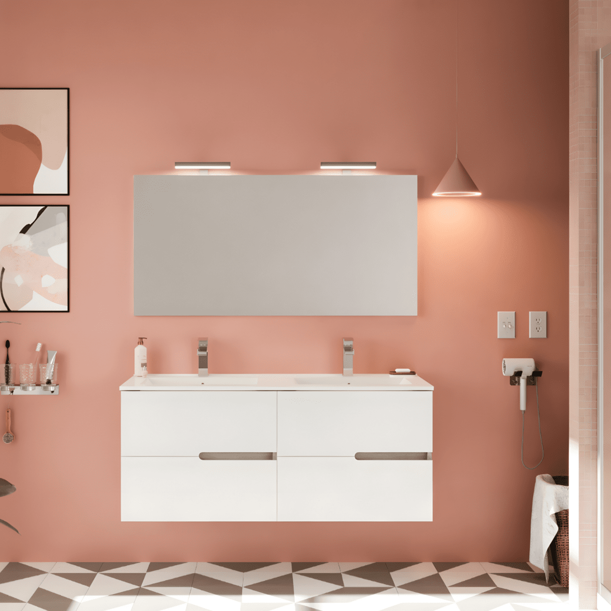 Mobile bagno sospeso moderno "Sara" in legno con 2 cassetti lavabo e specchio LED - MondoViro