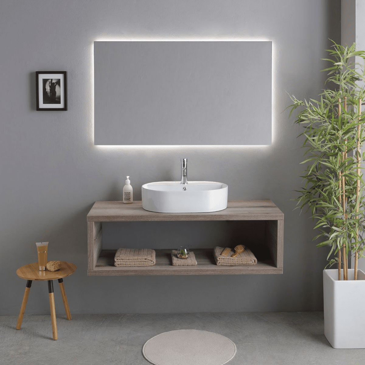 Mobile bagno sospeso rovere fossile "Samoa" 120 cm con lavabo ovale e specchio rettangolare LED - MondoViro