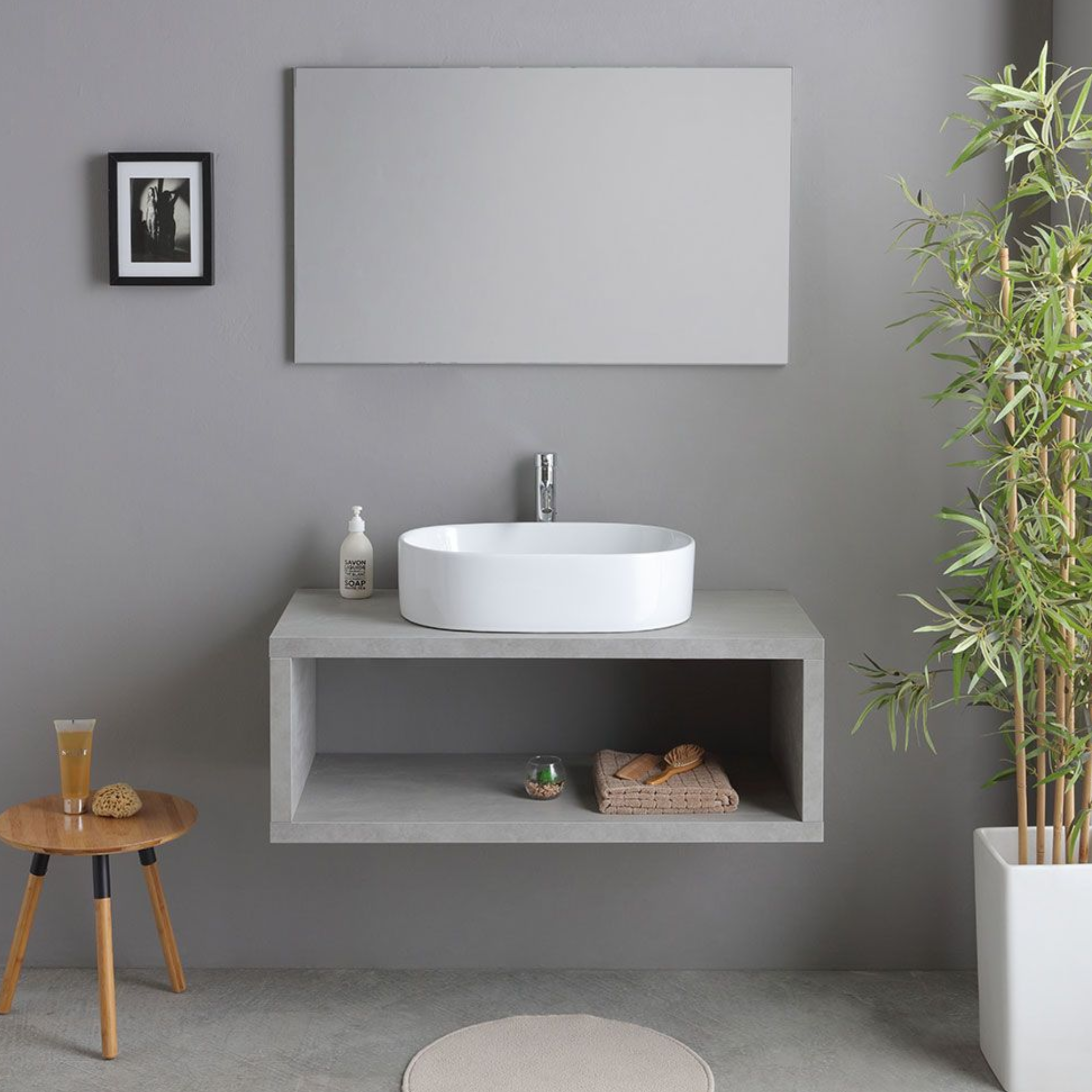 Mobile bagno sospeso grigio "Samos" 100 cm con lavabo in ceramica ovale e specchio semplice