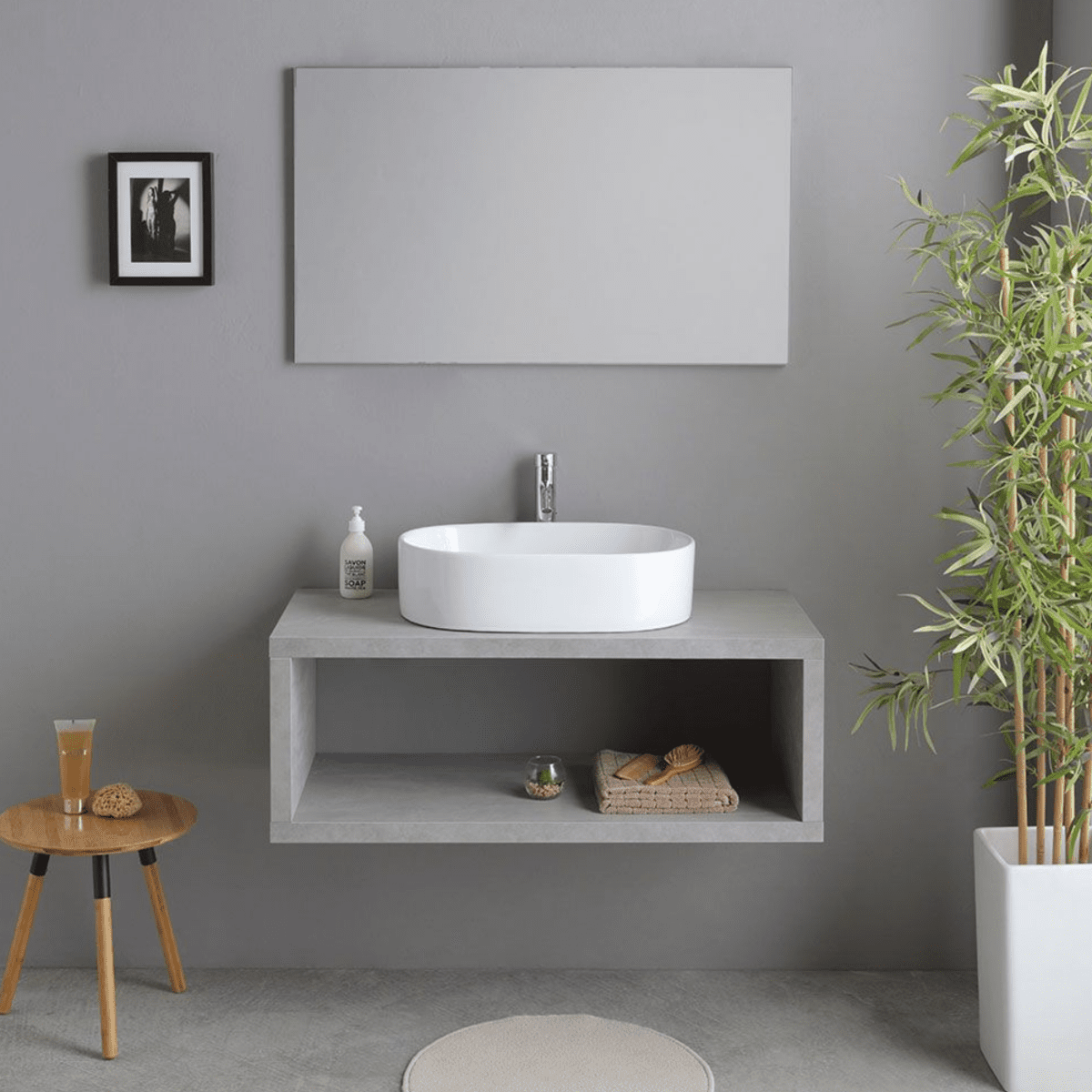 Mobile bagno sospeso grigio "Samos" 100 cm con lavabo in ceramica ovale e specchio semplice - MondoViro