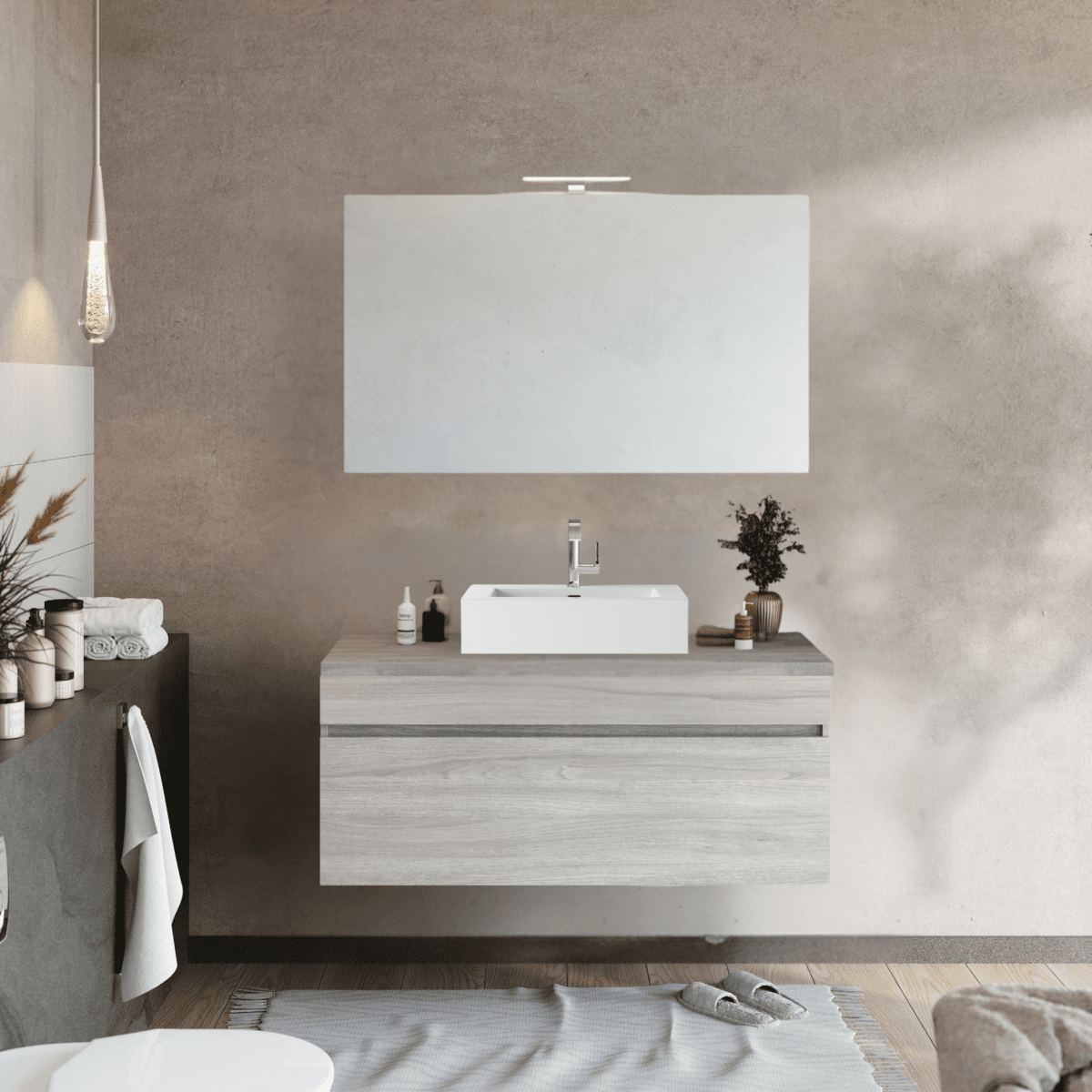 Mobile da bagno sospeso moderno "Velira1" in legno con top e specchio LED - MondoViro