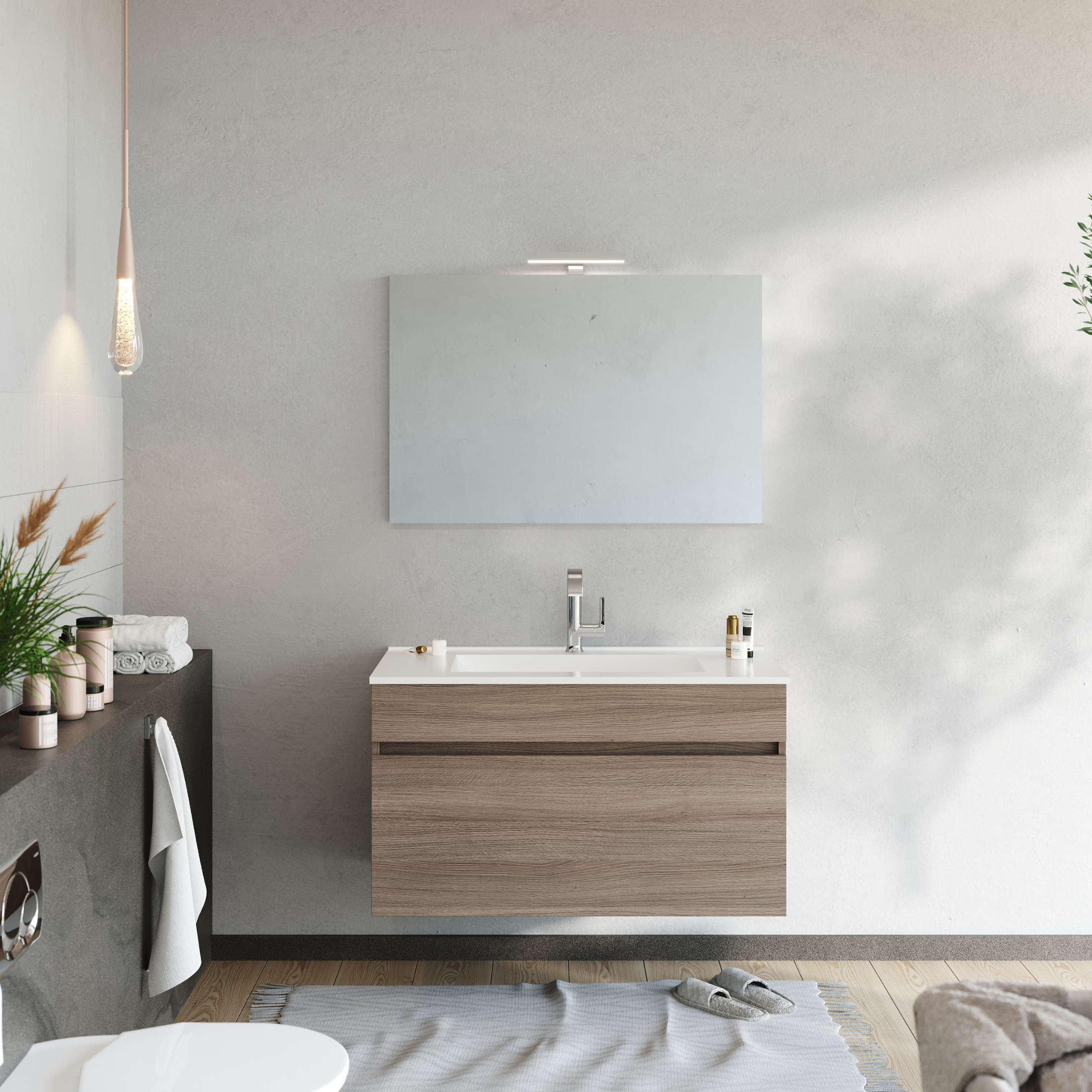 Mobile da bagno sospeso moderno "Velira" con lavabo integrato e specchio LED