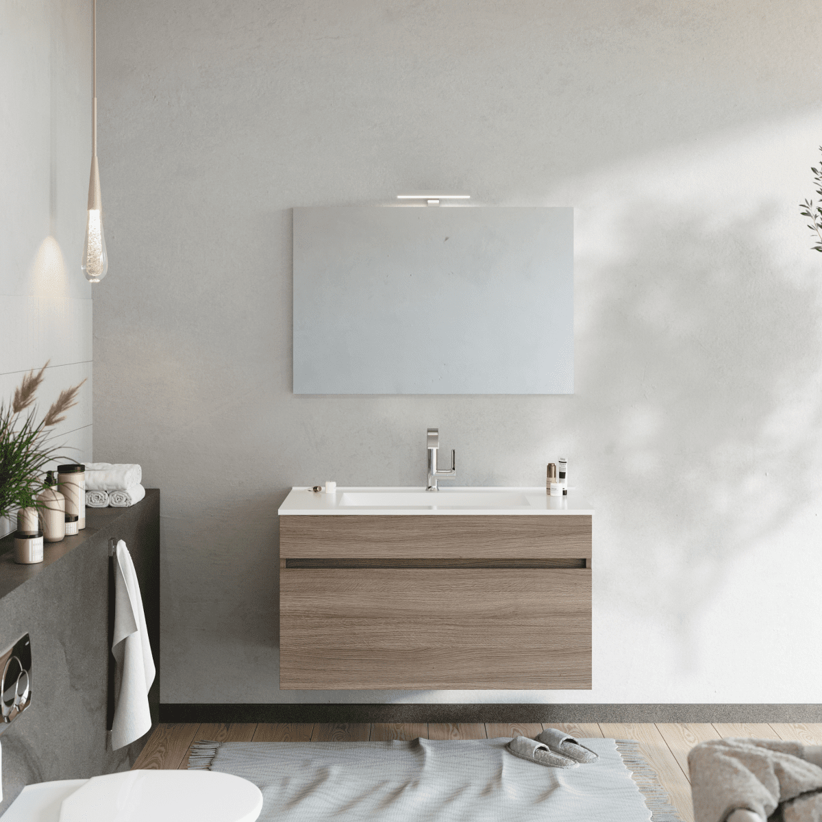Mobile da bagno sospeso moderno "Velira" con lavabo integrato e specchio LED - MondoViro