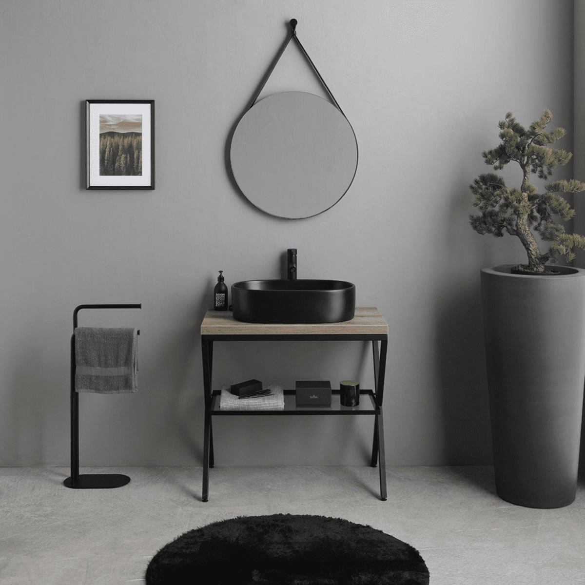Mobile bagno a terra rovere fossile "Victoria" con lavabo in ceramica nero opaco ovale e specchio rotondo 80 cm - MondoViro